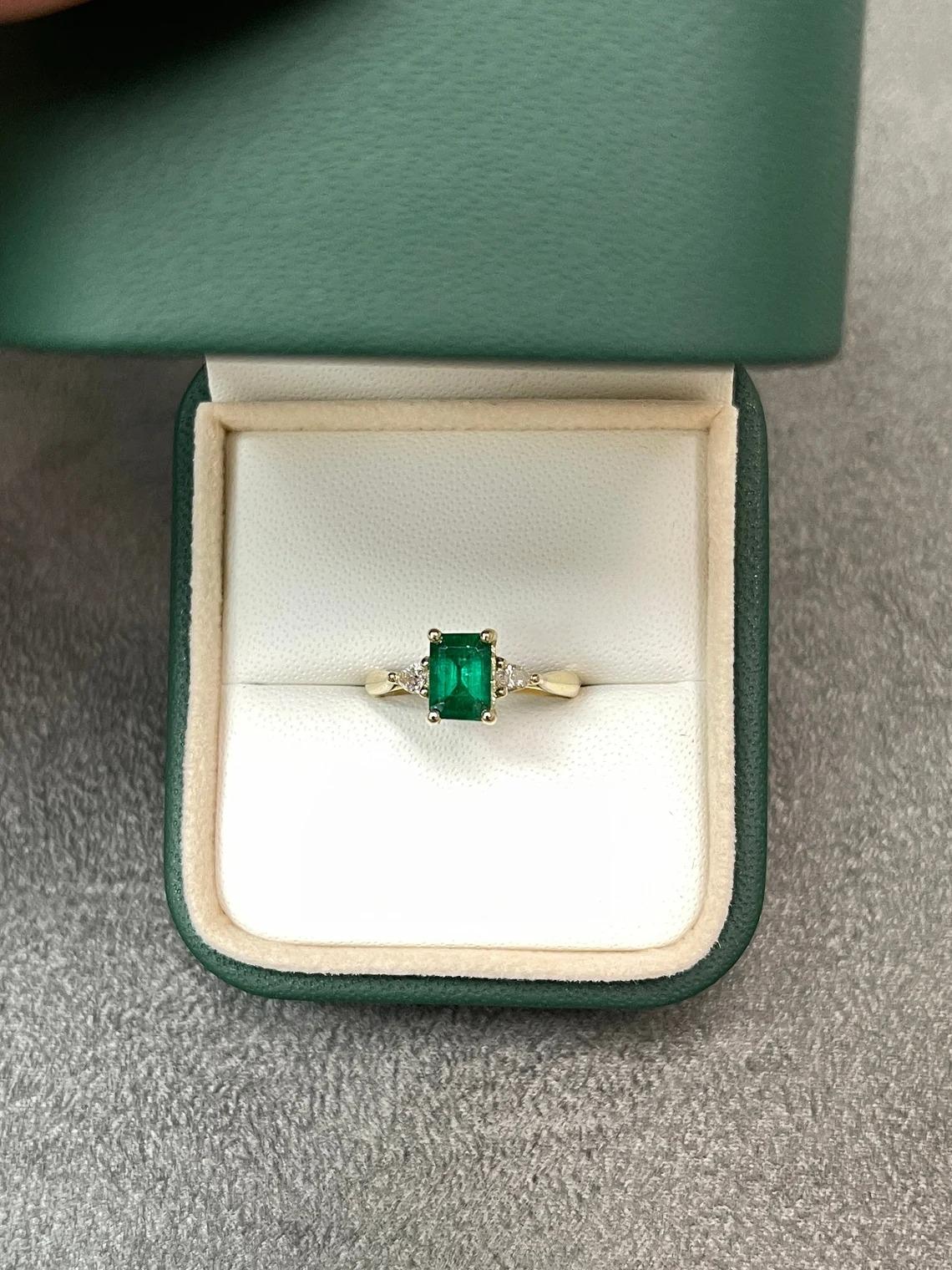 Modern 1.15tcw 14K Natural Emerald-Emerald Cut & Pear Cut Diamond Three Stone Gold Ring For Sale