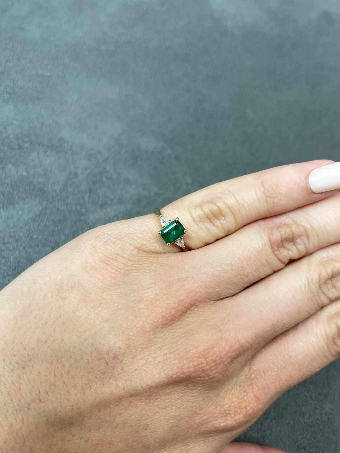 Women's 1.15tcw 14K Natural Emerald-Emerald Cut & Pear Cut Diamond Three Stone Gold Ring For Sale