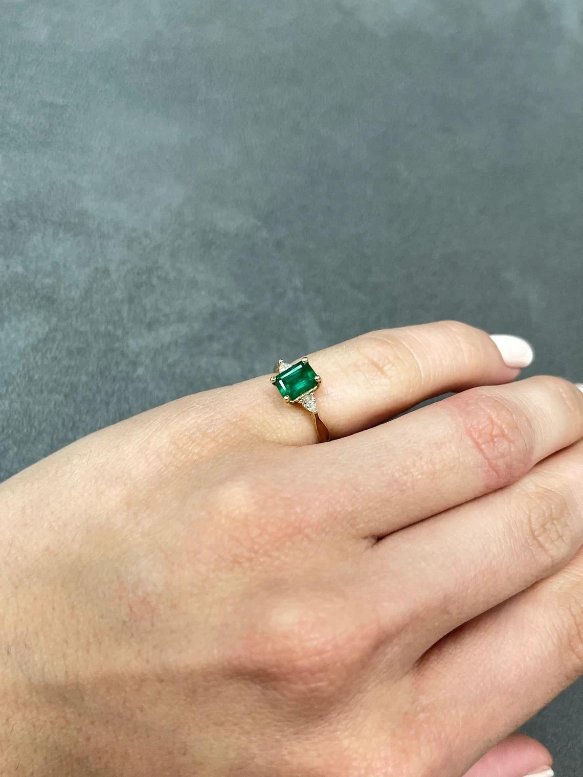 1.15tcw 14K Natural Emerald-Emerald Cut & Pear Cut Diamond Three Stone Gold Ring For Sale 1