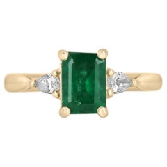 1.15tcw 14K Natural Emerald-Emerald Cut & Pear Cut Diamond Three Stone Gold Ring