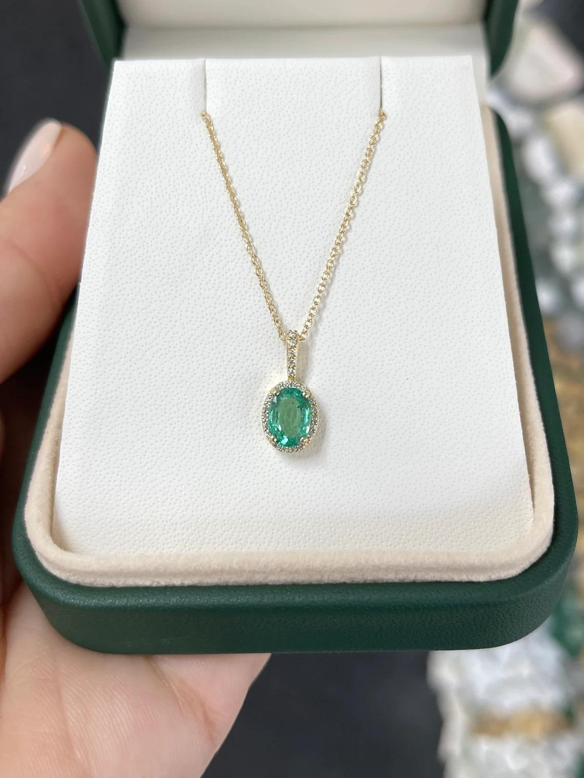 Modernist 1.15tcw 14K Oval Emerald Prong Set & Diamond Halo Pave Gold Pendant Necklace  For Sale