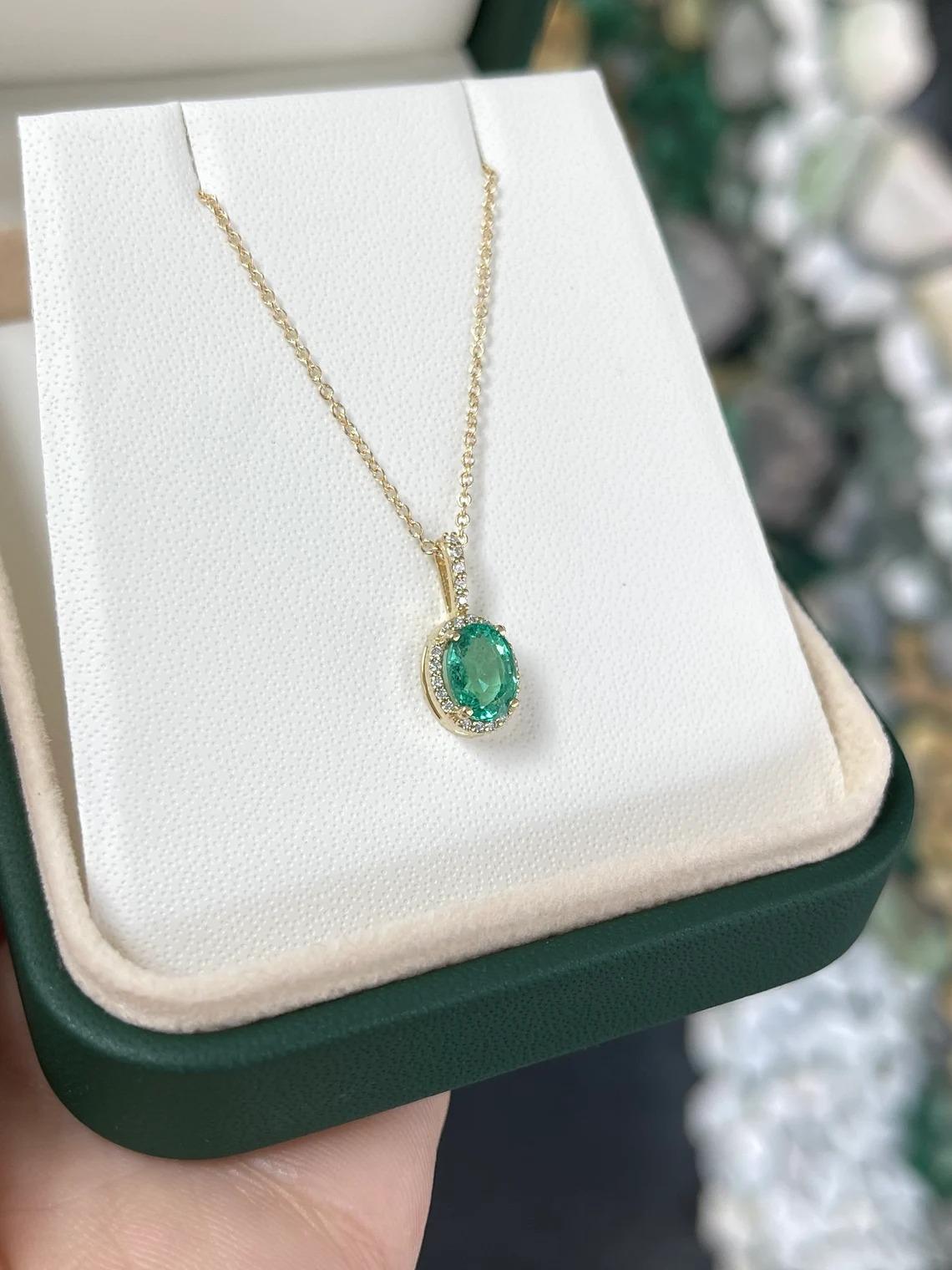 Oval Cut 1.15tcw 14K Oval Emerald Prong Set & Diamond Halo Pave Gold Pendant Necklace  For Sale