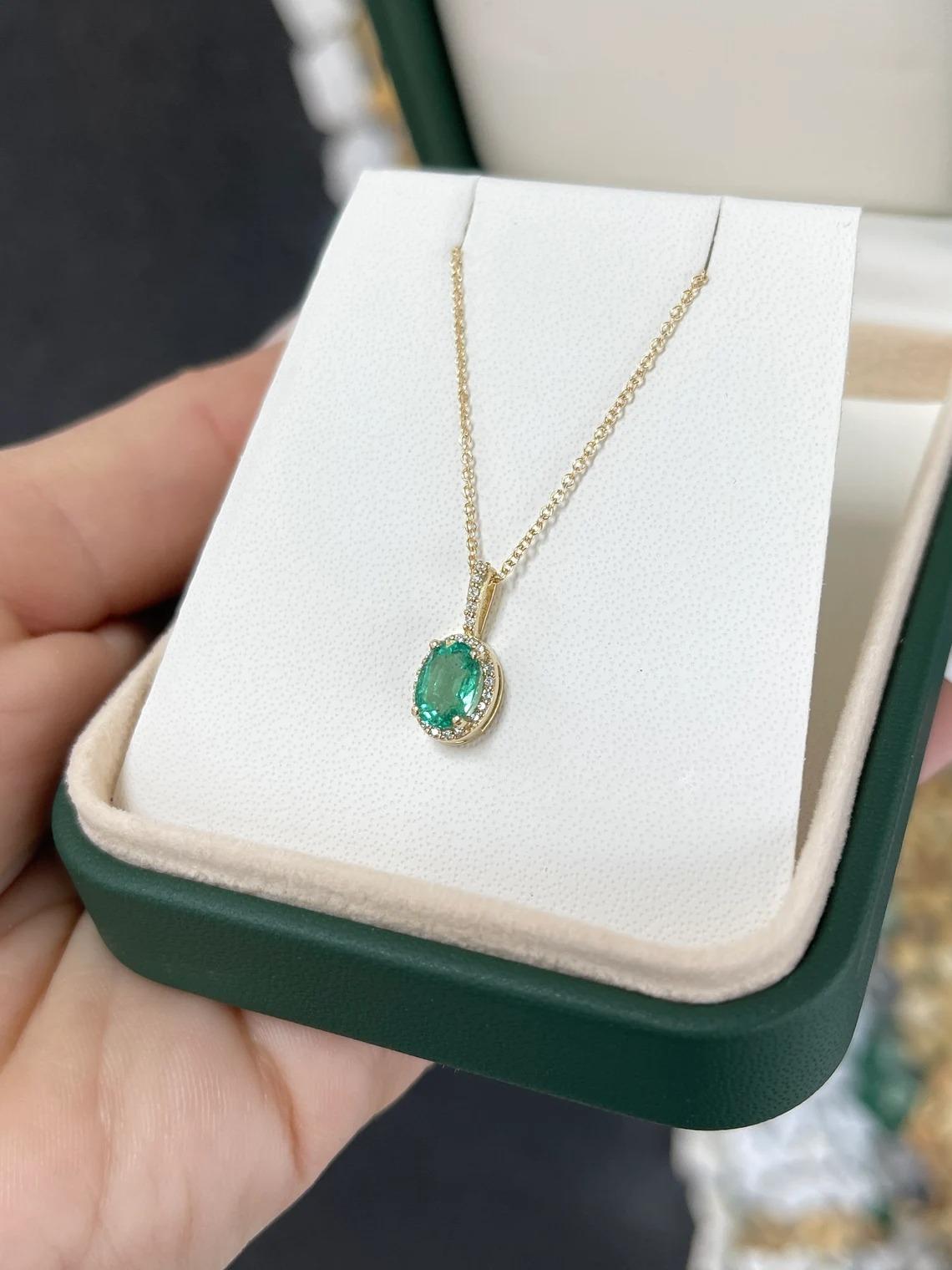 1.15tcw 14K Oval Emerald Prong Set & Diamond Halo Pave Gold Pendant Necklace  In New Condition For Sale In Jupiter, FL