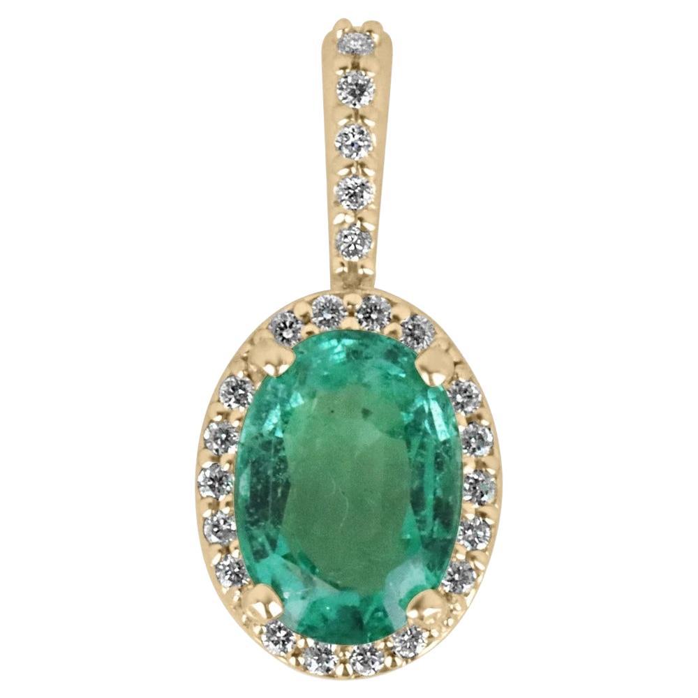1.15tcw 14K Oval Emerald Prong Set & Diamond Halo Pave Gold Pendant Necklace  For Sale