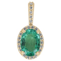 1,15 tcw 14K Oval Smaragd Prong Set & Diamant Halo Pave Gold Anhänger Halskette 