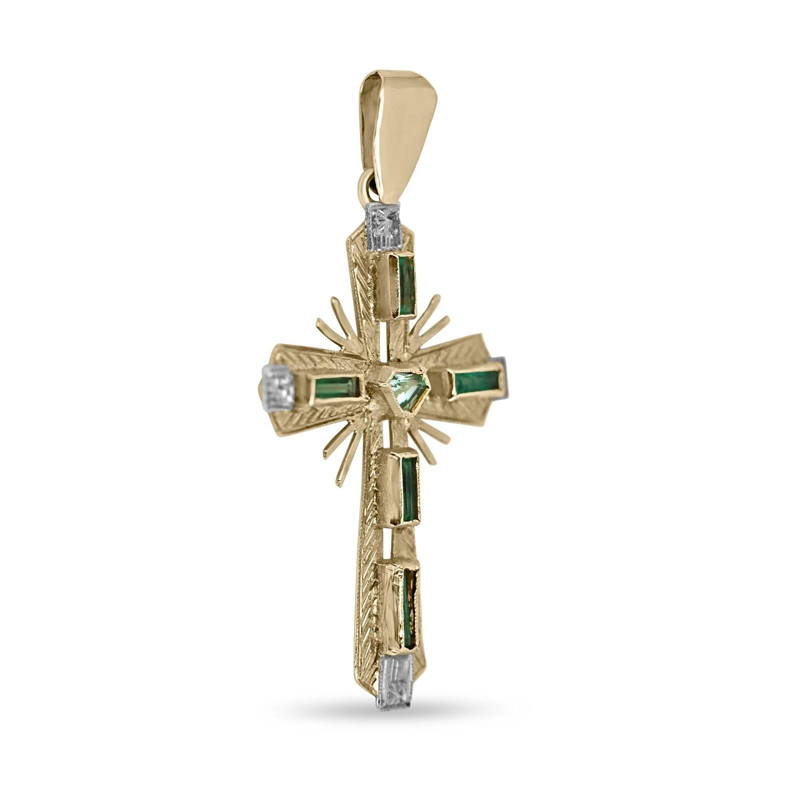 A remarkable, and unique natural emerald cross. This piece features four different baguette-cut emeralds with a medium dark green color and good luster, as well as an irregular trillion cut in the center with a desirable spring green color and very