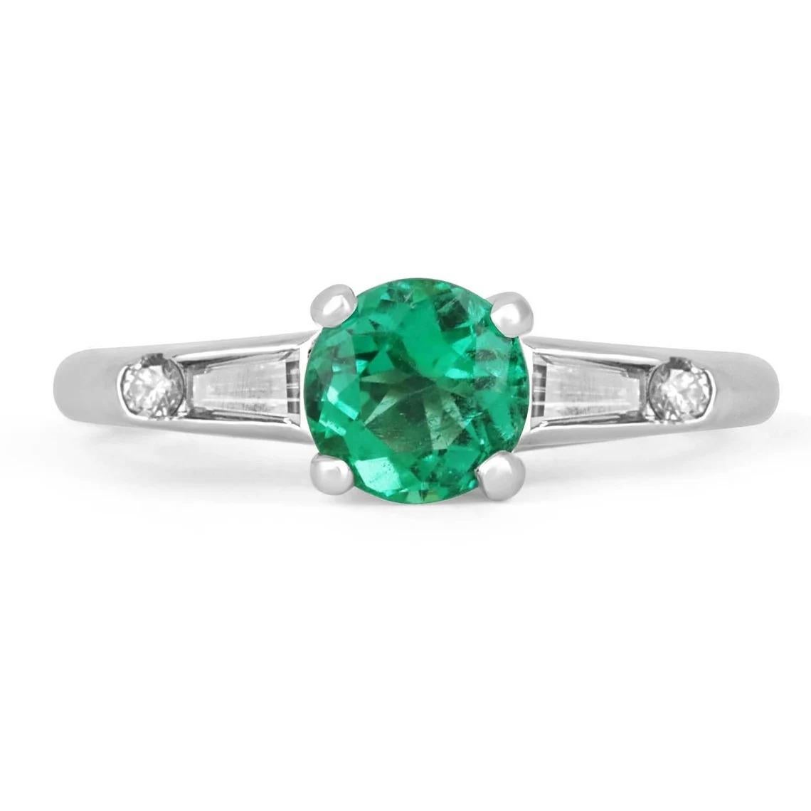 1.15tcw PLAT Colombian Emerald-Round Cut & Diamond Tapered Baguette-Round Cut  For Sale