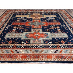 11'5 "x11'9" Haag Blau Handgeknüpft Armenisch Kaukasisch Wolle Quadratisch Orientteppich