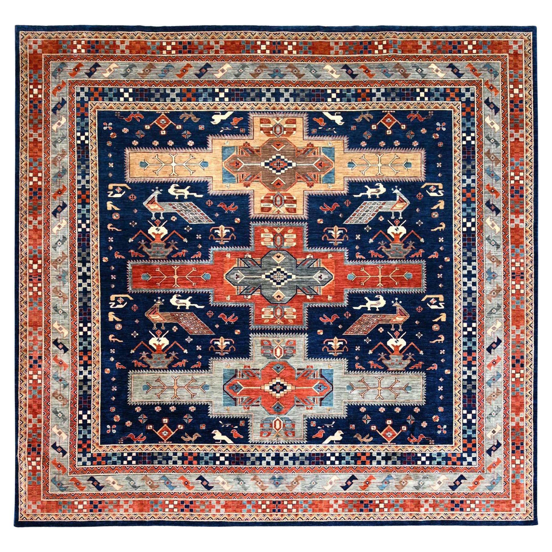 11
5 "x11
9" Haag Blau Handgeknüpft Armenisch Kaukasisch Wolle Quadratisch Orientteppich