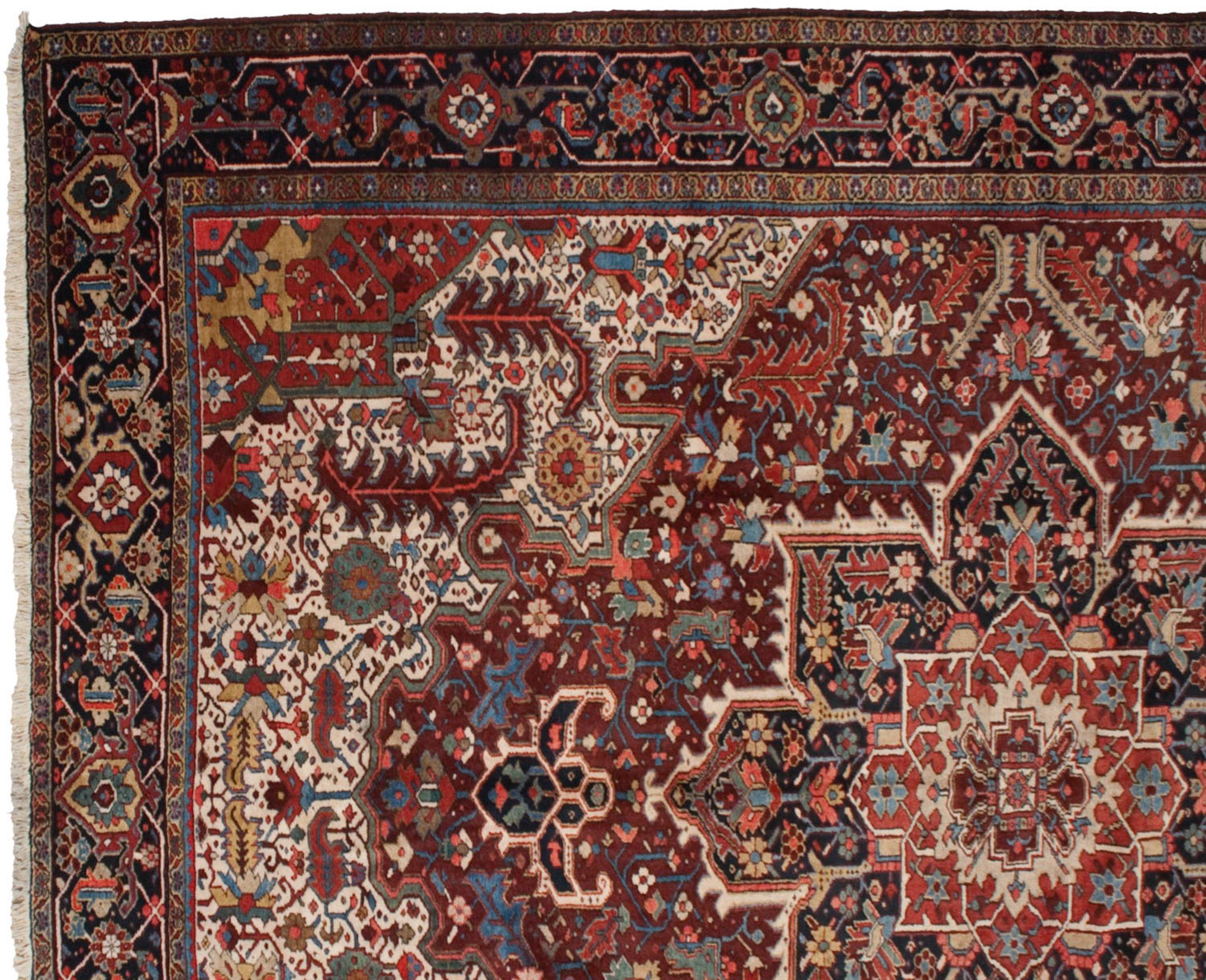 :: Large center medallion with concentric inner medallion in similar relief and inverted coloration. Adorned at either end by trefoil contoured finials atop a covered field of serrated leaves and floral buds and blossoms interconnected by long