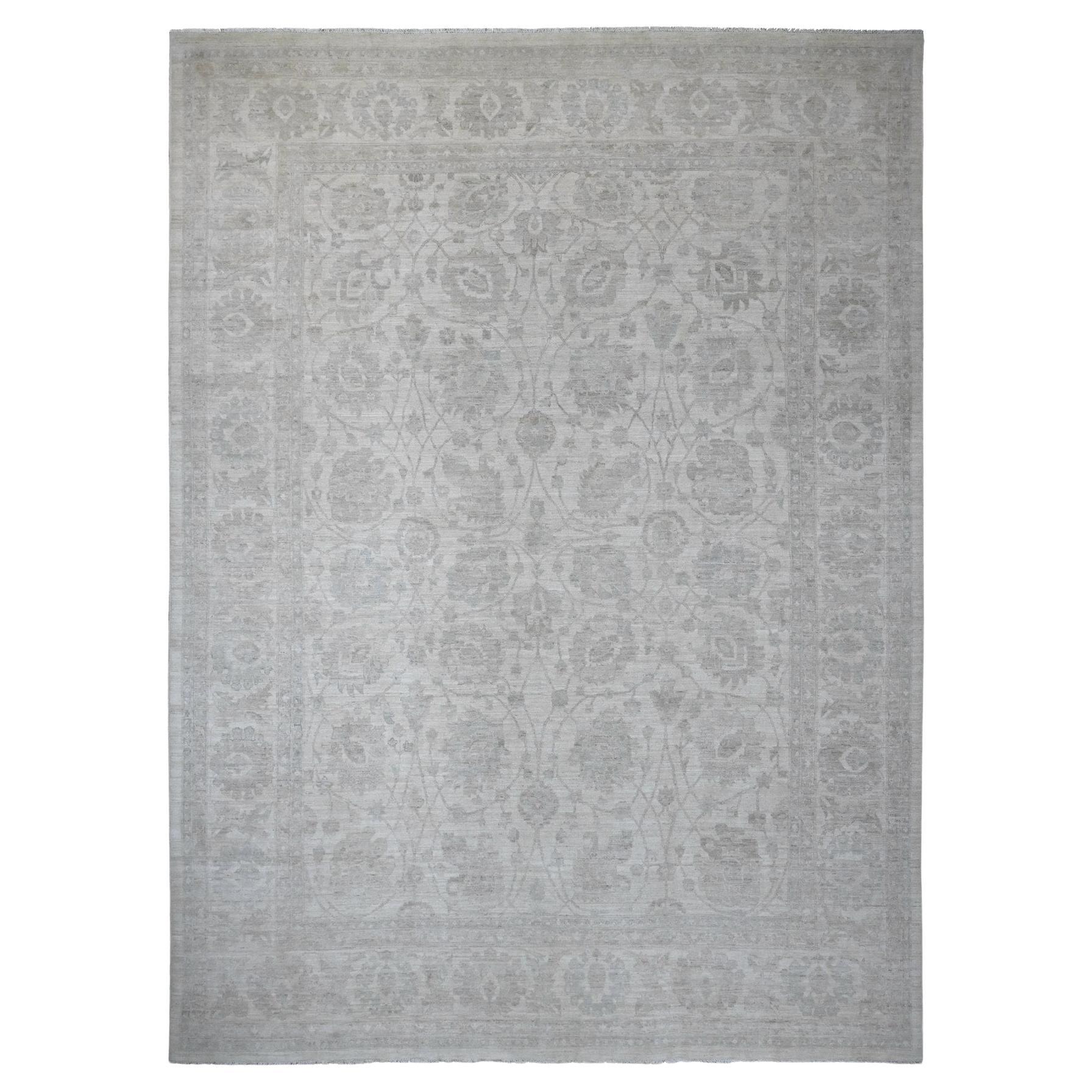 Tappeto bianco 100% lana lavata Peshawar Leaf Design/One annodato a mano 11'5 "x15'1". in vendita
