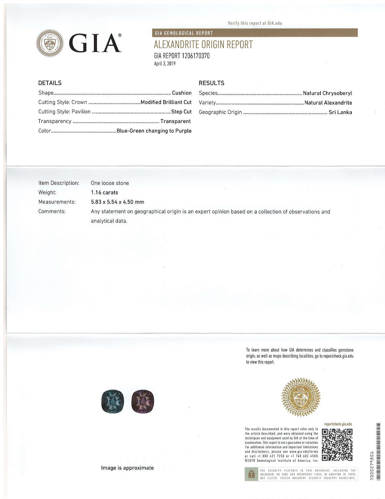 Artisan Pierre précieuse non sertie d'Alexandrite chrysobéryl de 1,16 carat, certifiée GIA - RTP en vente