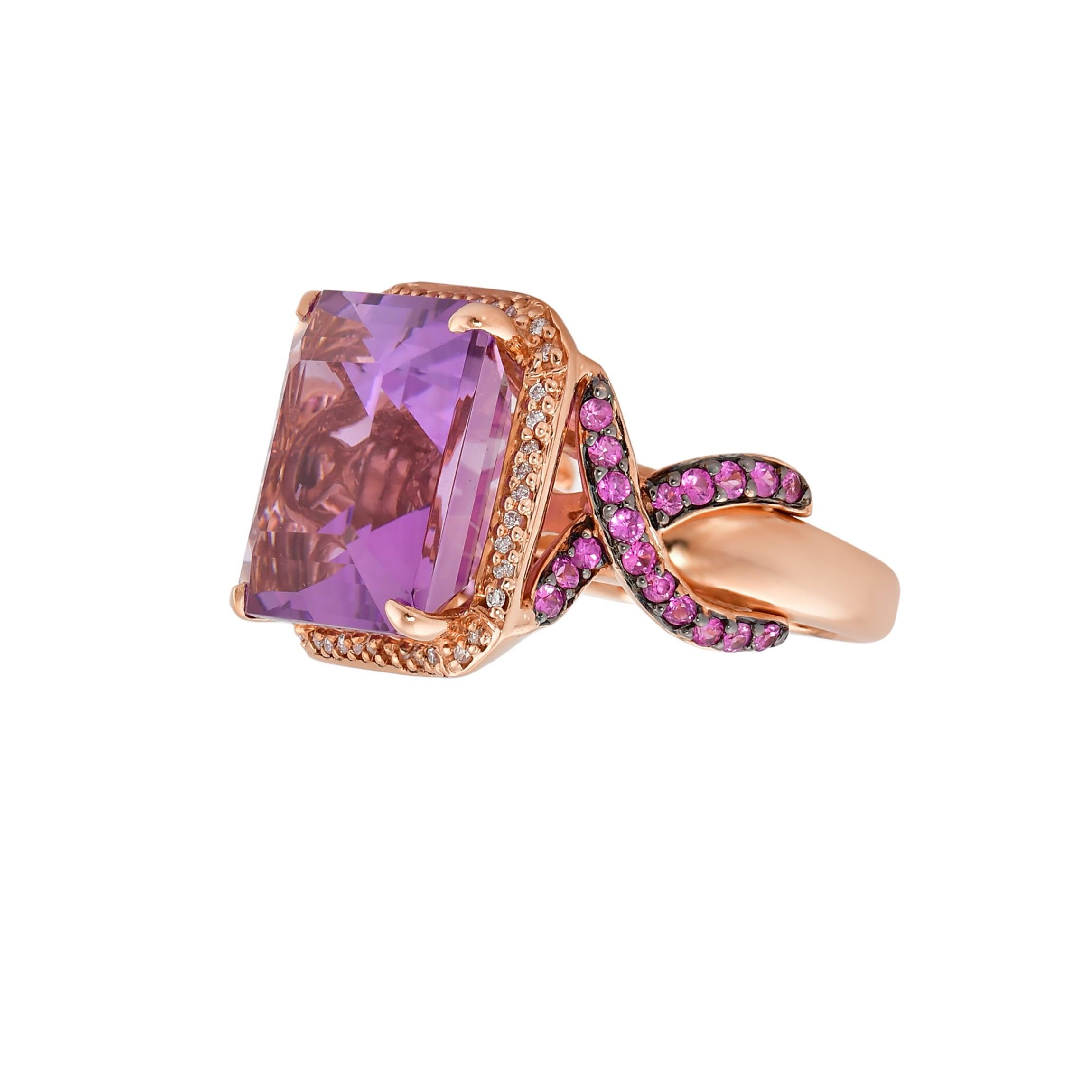 Contemporary 11.6 Carat Amethyst, Pink Sapphire and Diamond Ring in 14 Karat Rose Gold