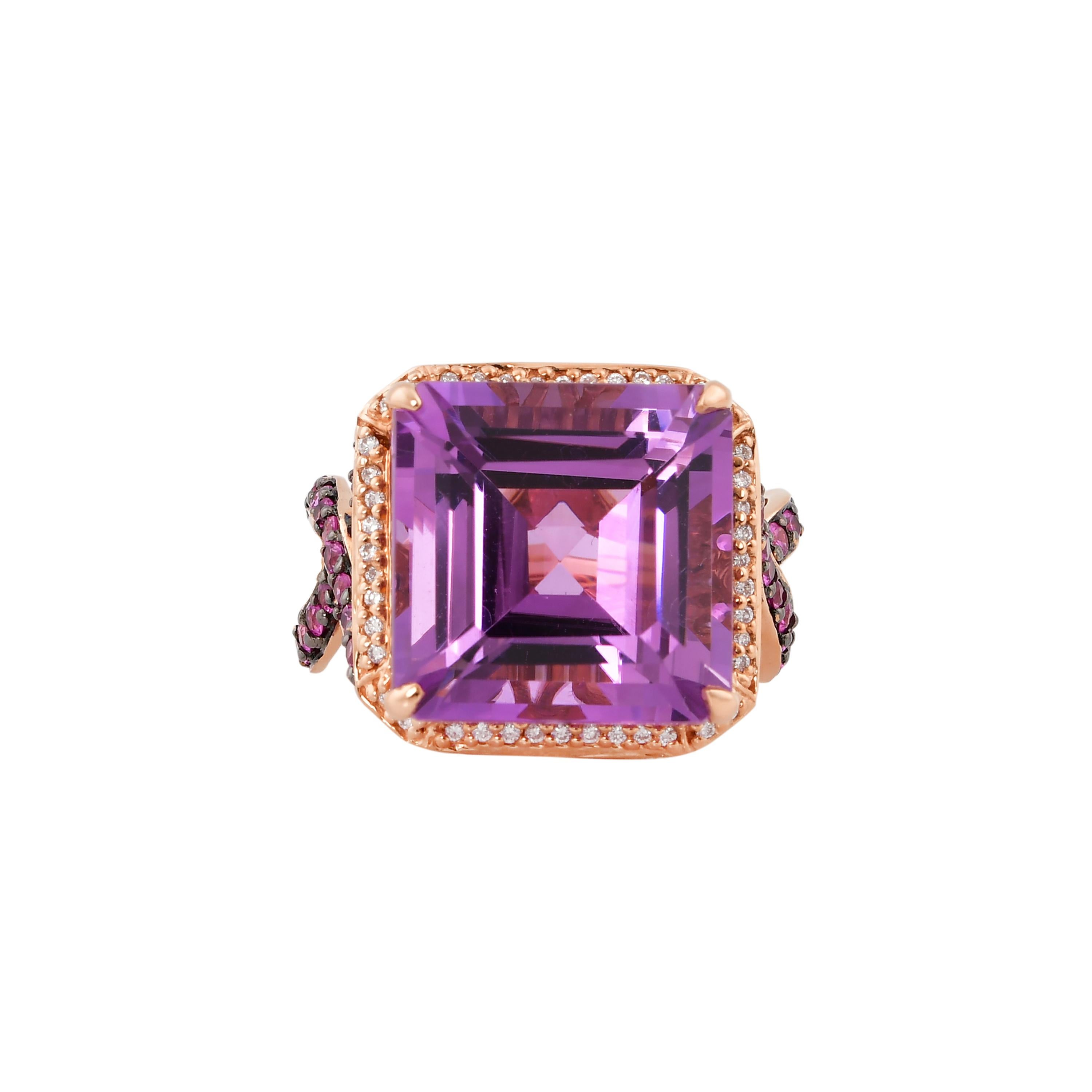 Octagon Cut 11.6 Carat Amethyst, Pink Sapphire and Diamond Ring in 14 Karat Rose Gold