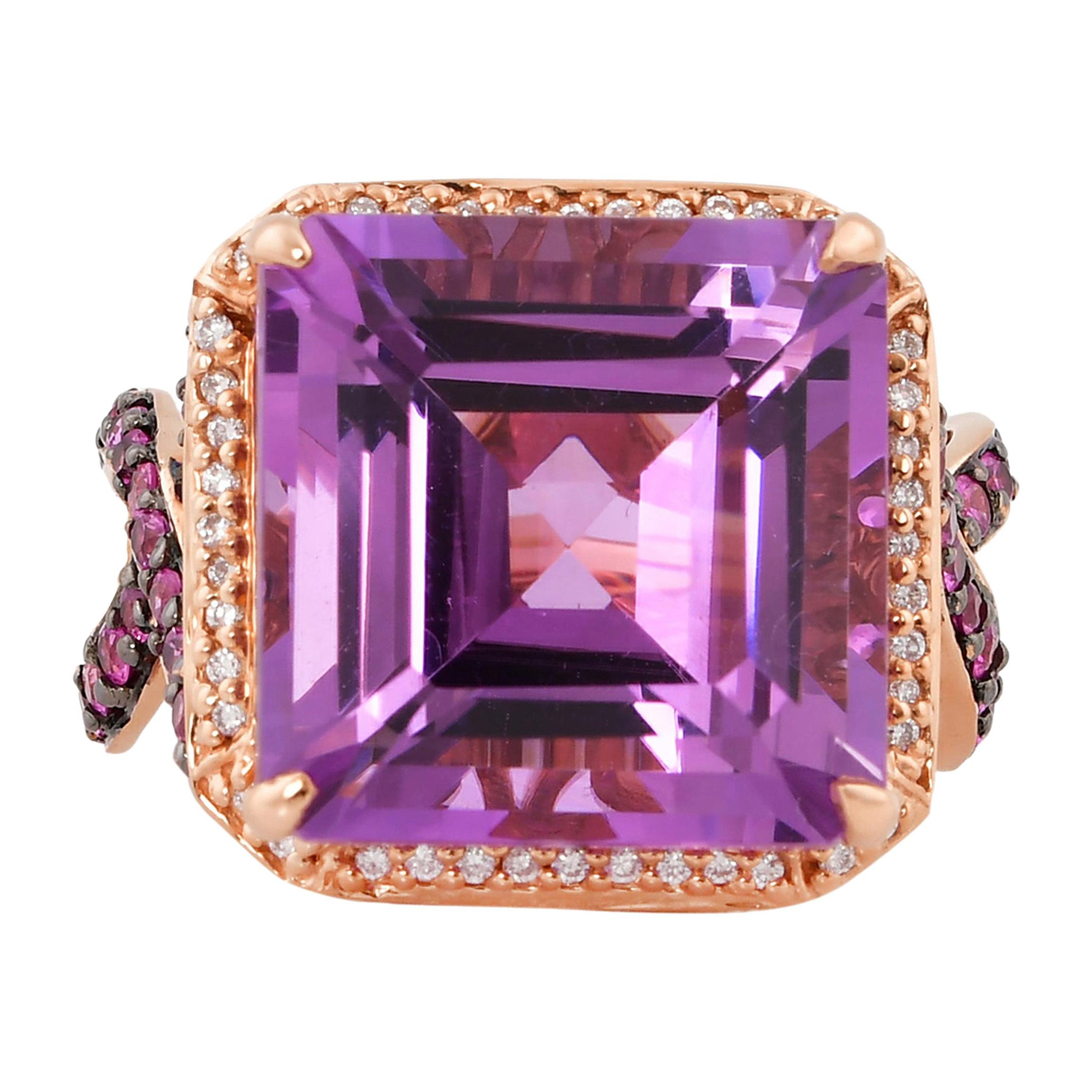 11.6 Carat Amethyst, Pink Sapphire and Diamond Ring in 14 Karat Rose Gold