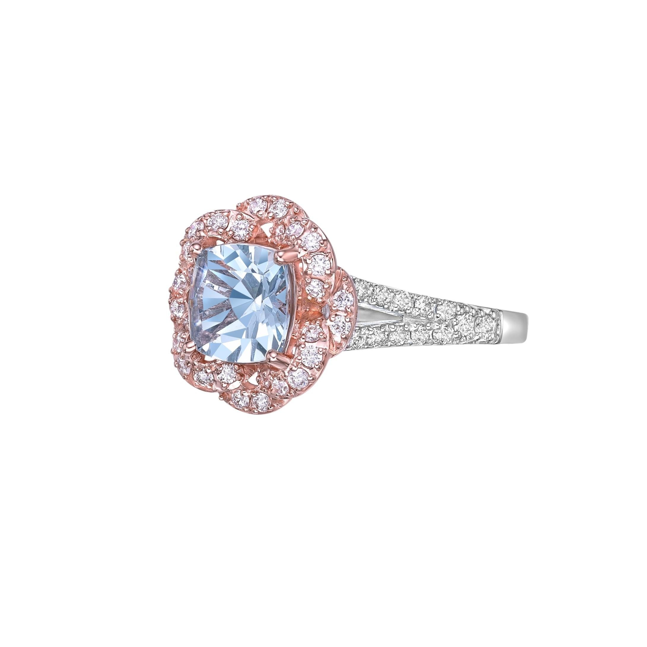 Cushion Cut 1.16 Carat Aquamarine Fancy Ring in 18Karat White Rose Gold with Diamond.   For Sale