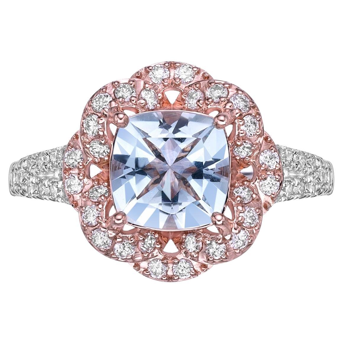 Bague fantaisie aigue-marine de 1,16 carat en or rose blanc 18 carats avec diamant.  