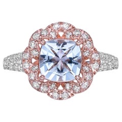 Bague fantaisie aigue-marine de 1,16 carat en or rose blanc 18 carats avec diamant.  