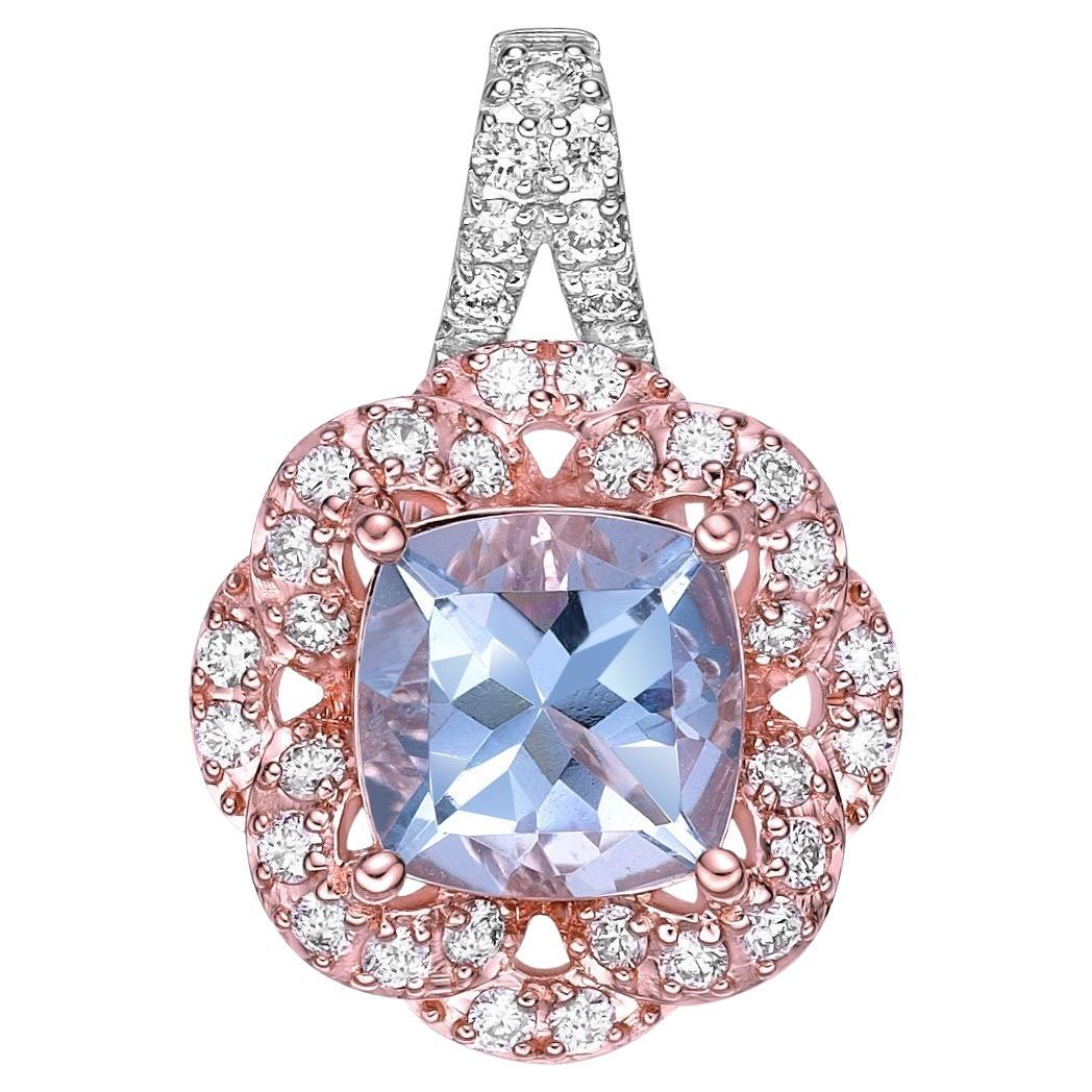 Pendentif aigue-marine de 1,16 carat en or rose et blanc 18 carats avec diamant blanc.