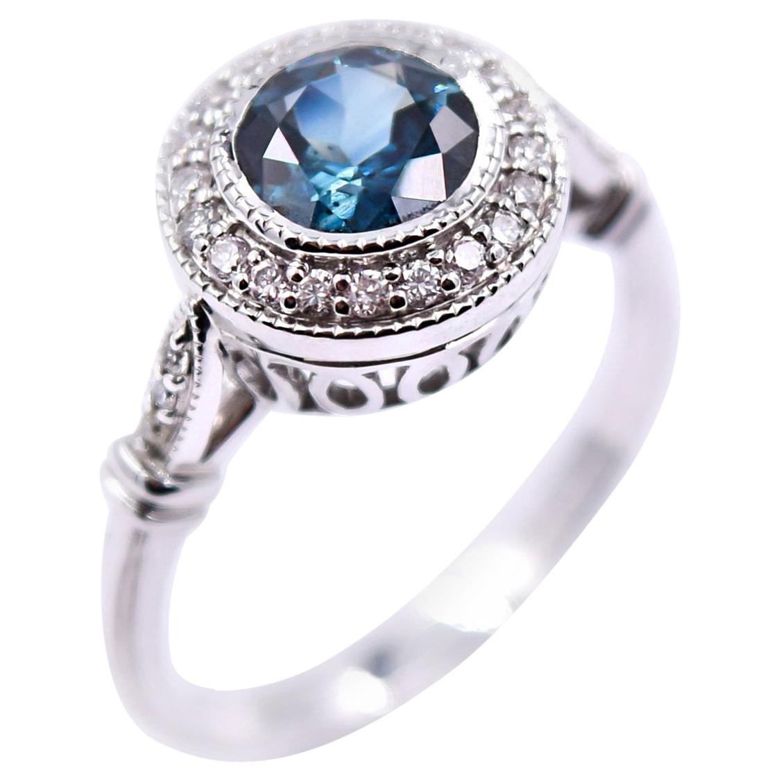 1.16 Carat Blue Green Sapphire and White Diamond Ring in 14 Karat Gold For Sale