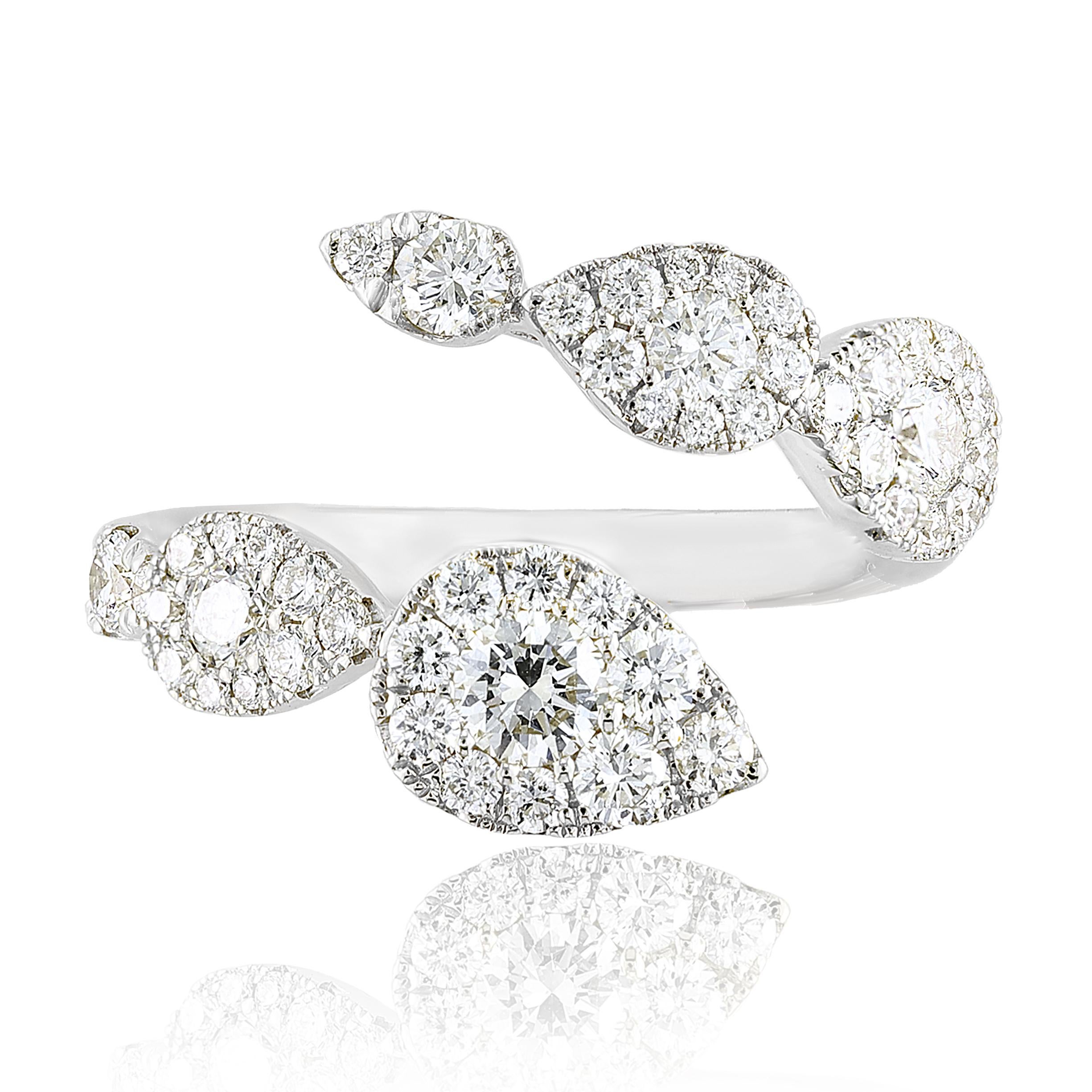 The stunning forever-together Toi et Moi ring features Brilliant cut Diamonds embraced by east to west halfway to the shank. Handcrafted in 18k White Gold.
48 Brilliant Cut Diamonds weigh 1.16 carats on both sides.
A classic Ring full of luster and