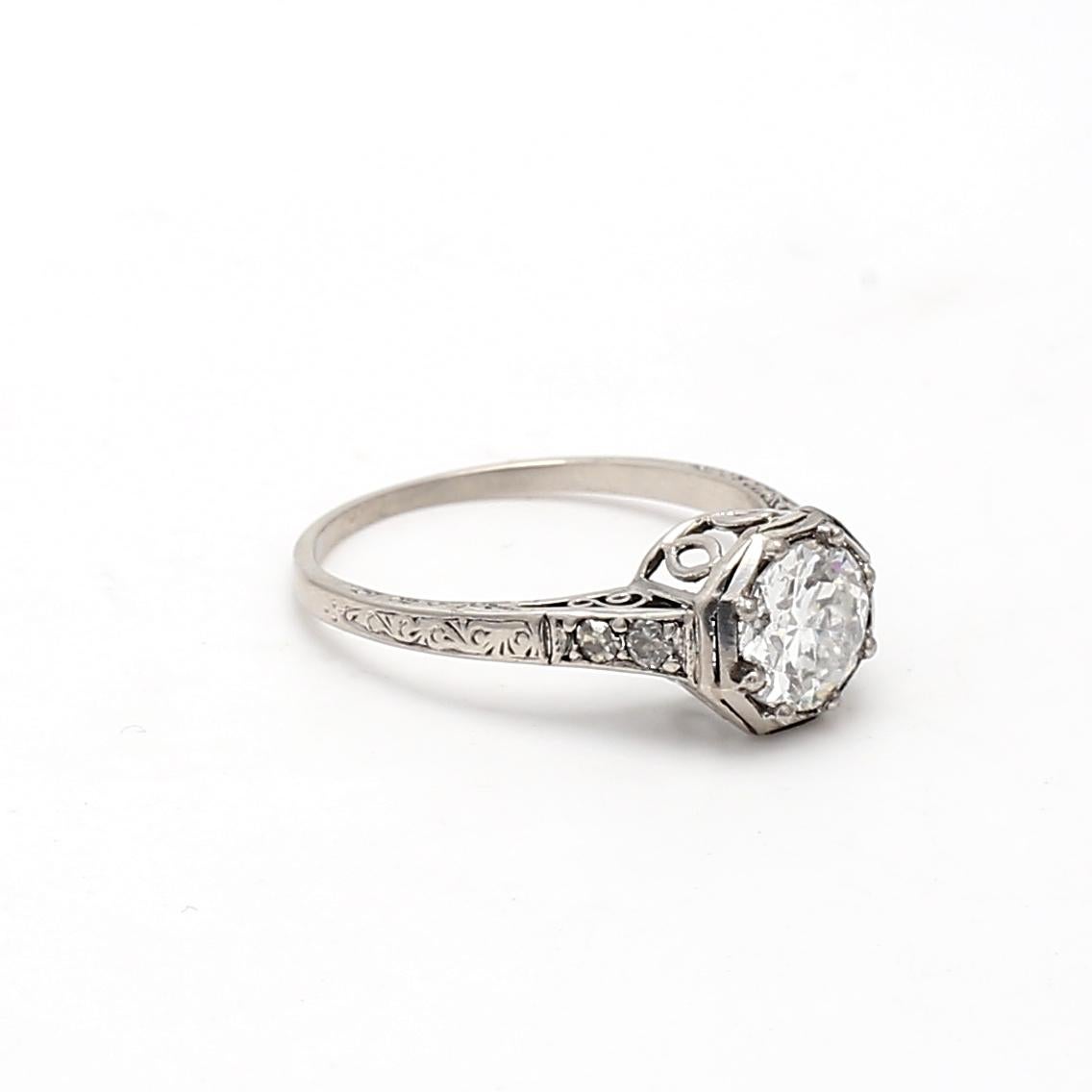 Old European Cut 1.16 Carat Circular Brilliant Cut and Round Diamond Platinum Engagement Ring For Sale