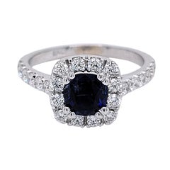 1.16 Carat Cushion Shape Sapphire 18 K Pave Set Engagement Ring with Halo