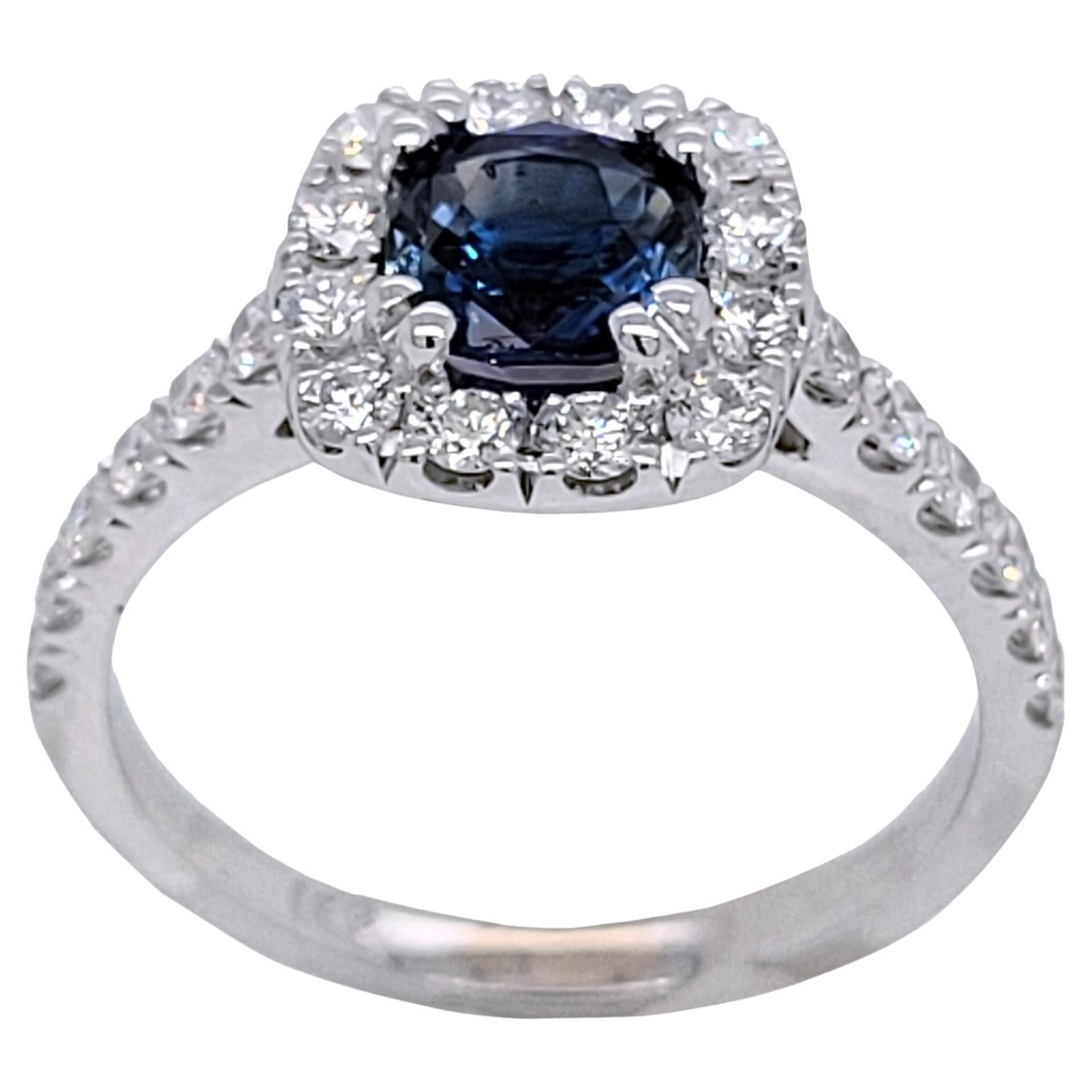 1.16 Carat Cushion Shape Sapphire 18 K Pave Set Engagement Ring with Halo For Sale