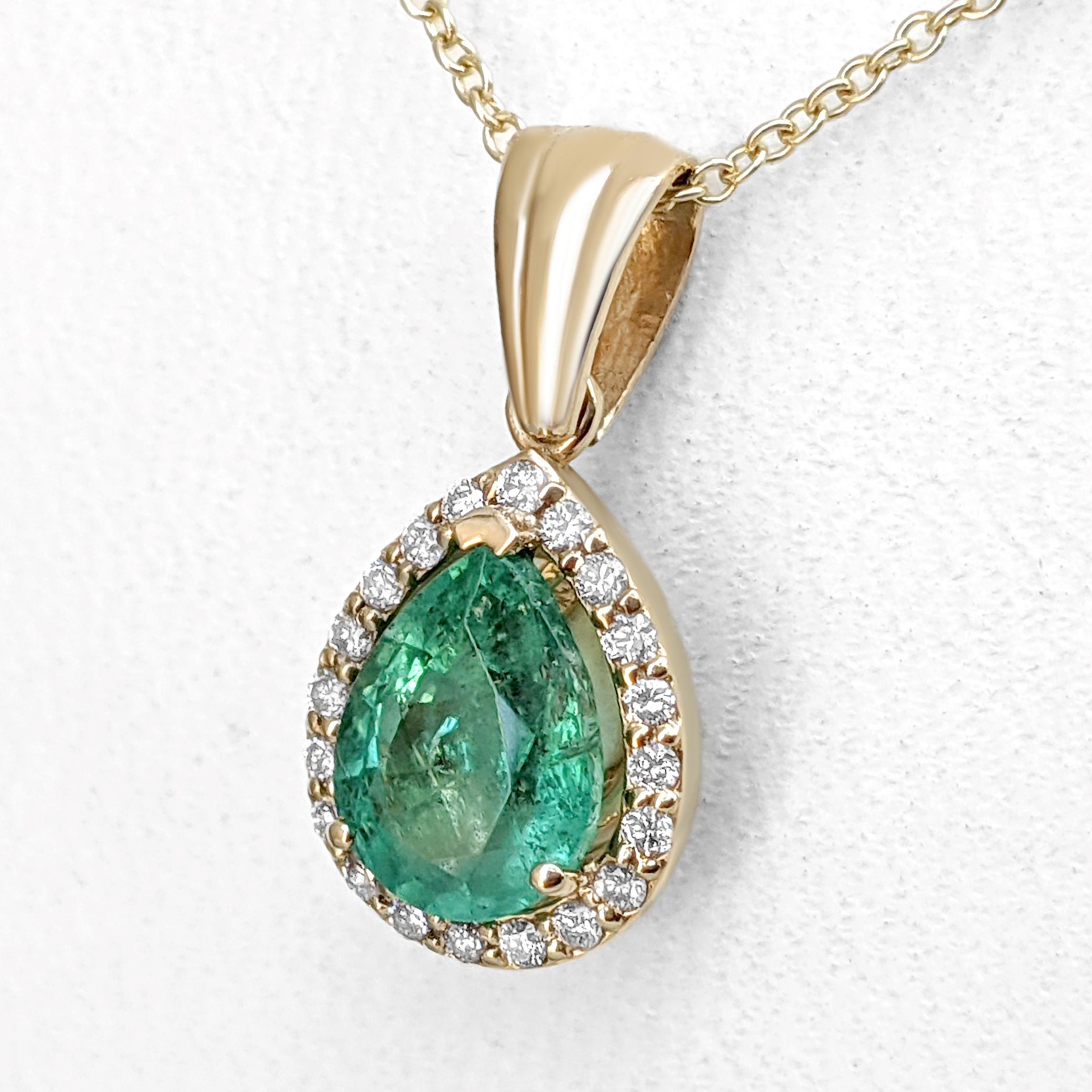 Pear Cut $1 NO RESERVE!  1.16ct Emerald & 0.15ct Diamonds, 14K Yellow Gold Necklace