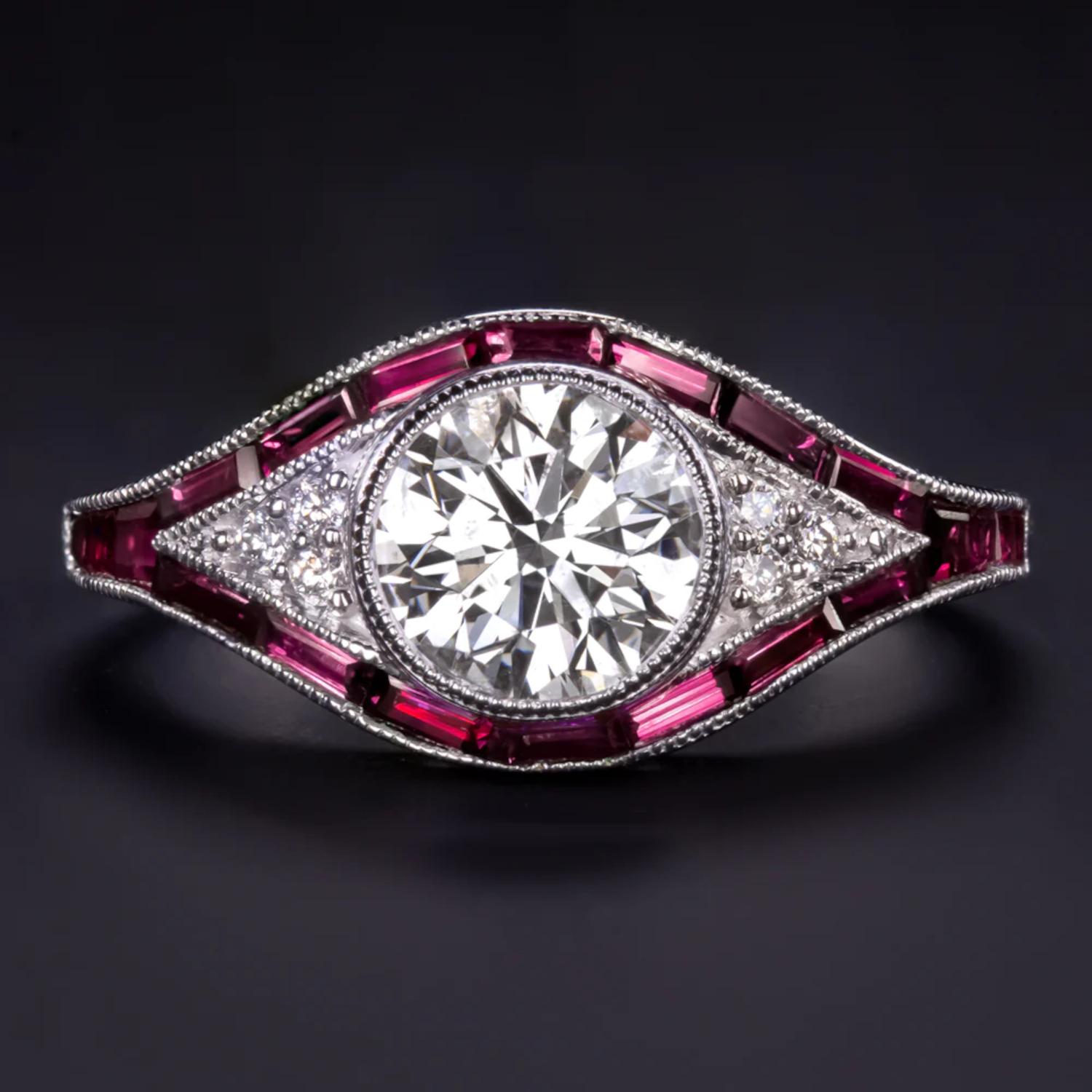 Gorgeous vintage art deco style design ring, the main diamond weighs 1.16 carat and is graded F-G in color and SI2 in clarity (eye clean).
The accent stones are diamonds (0.5 carat) and rubies (0.83 carat).
The diamonds are brilliantly white and