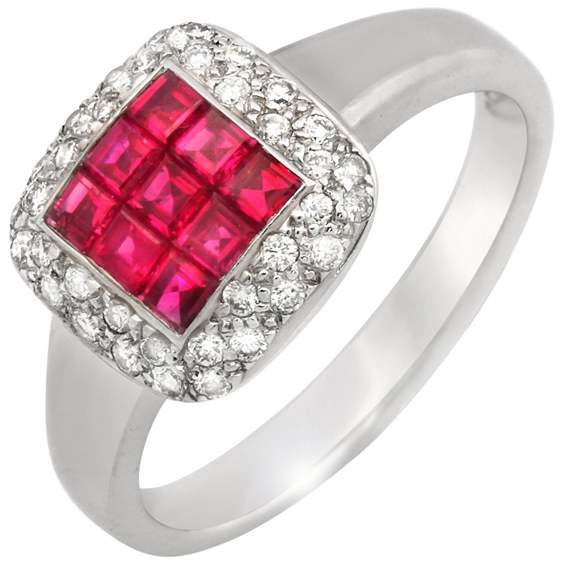 1.16 Carat Invisible Set Ruby and 0.32 Carat Diamonds in 18 Karat Gold Ring For Sale
