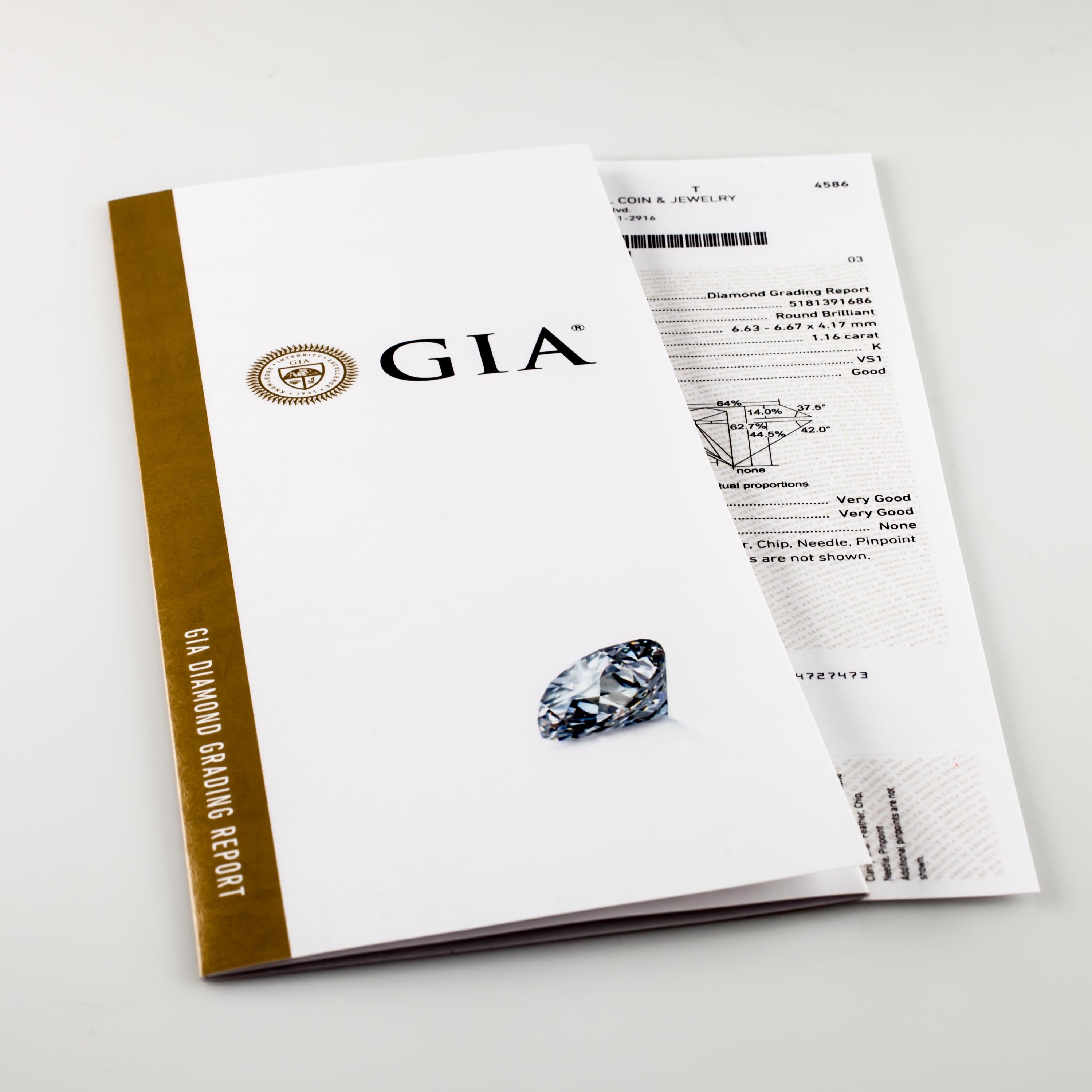 1.16 Carat Loose K / VS1 Round Brilliant Cut Diamond GIA Certified For Sale 3