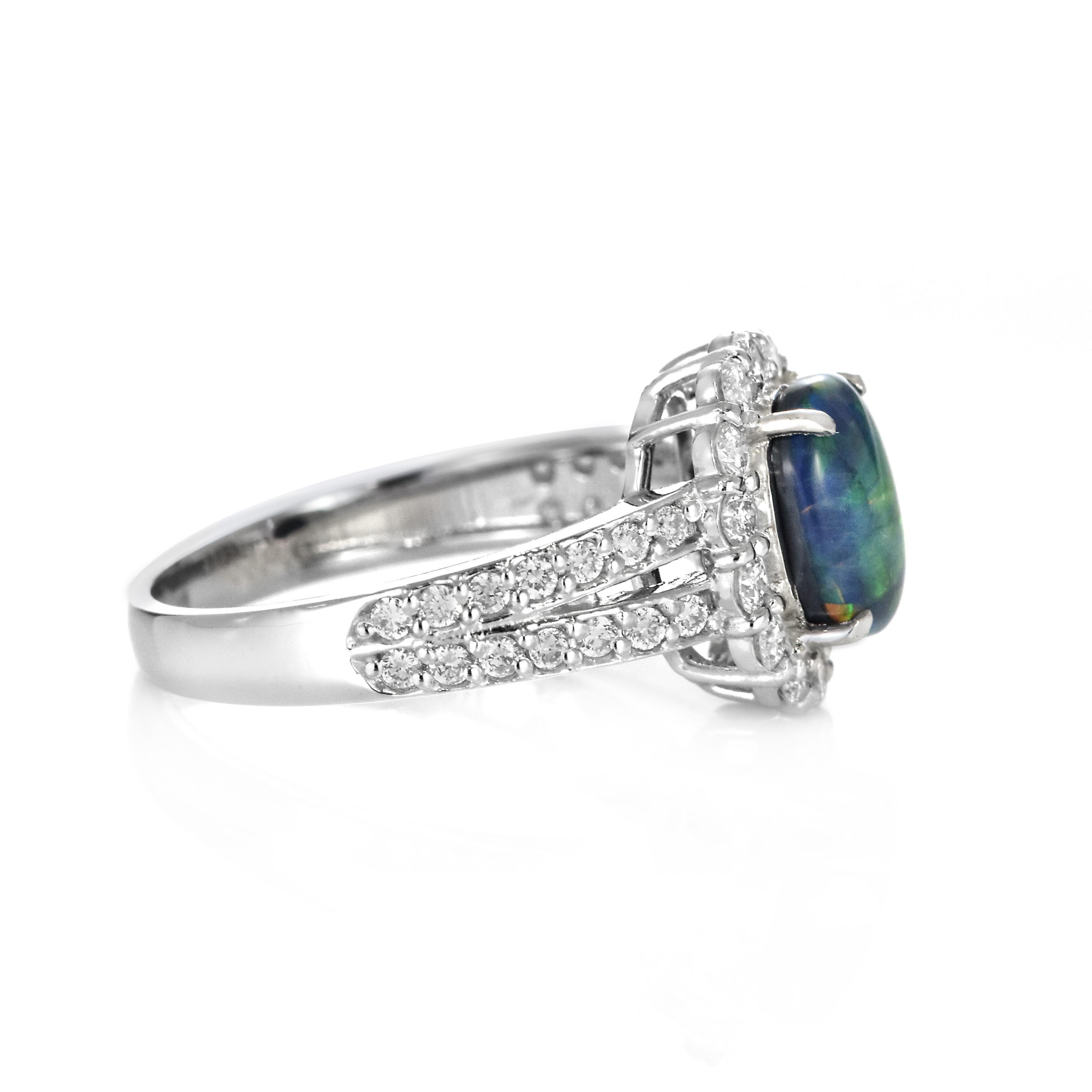 1.16 Carat Natural Australian Black Opal and Diamond Ring Made in Platinum For Sale 4