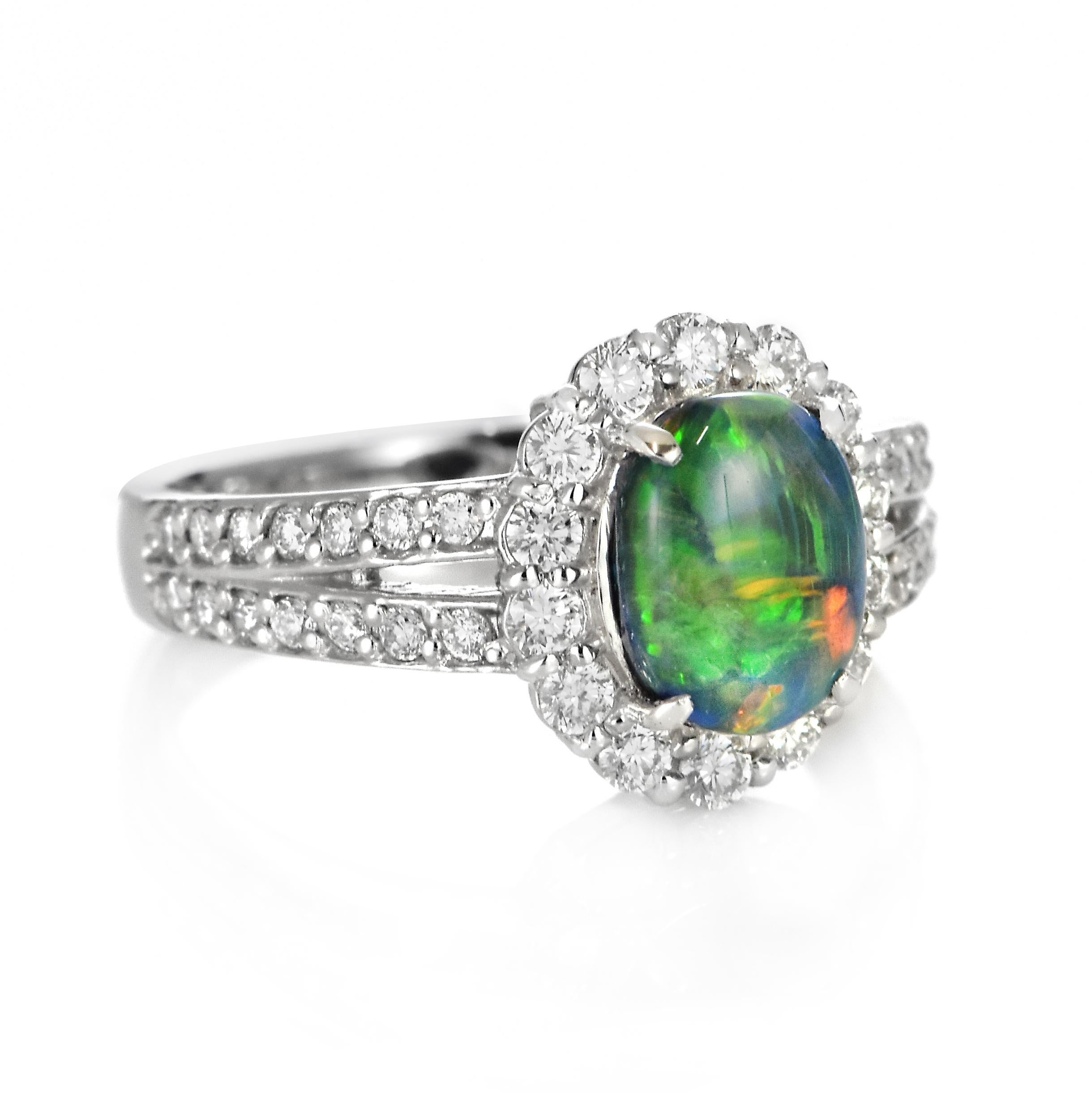Cabochon 1.16 Carat Natural Australian Black Opal and Diamond Ring Made in Platinum For Sale