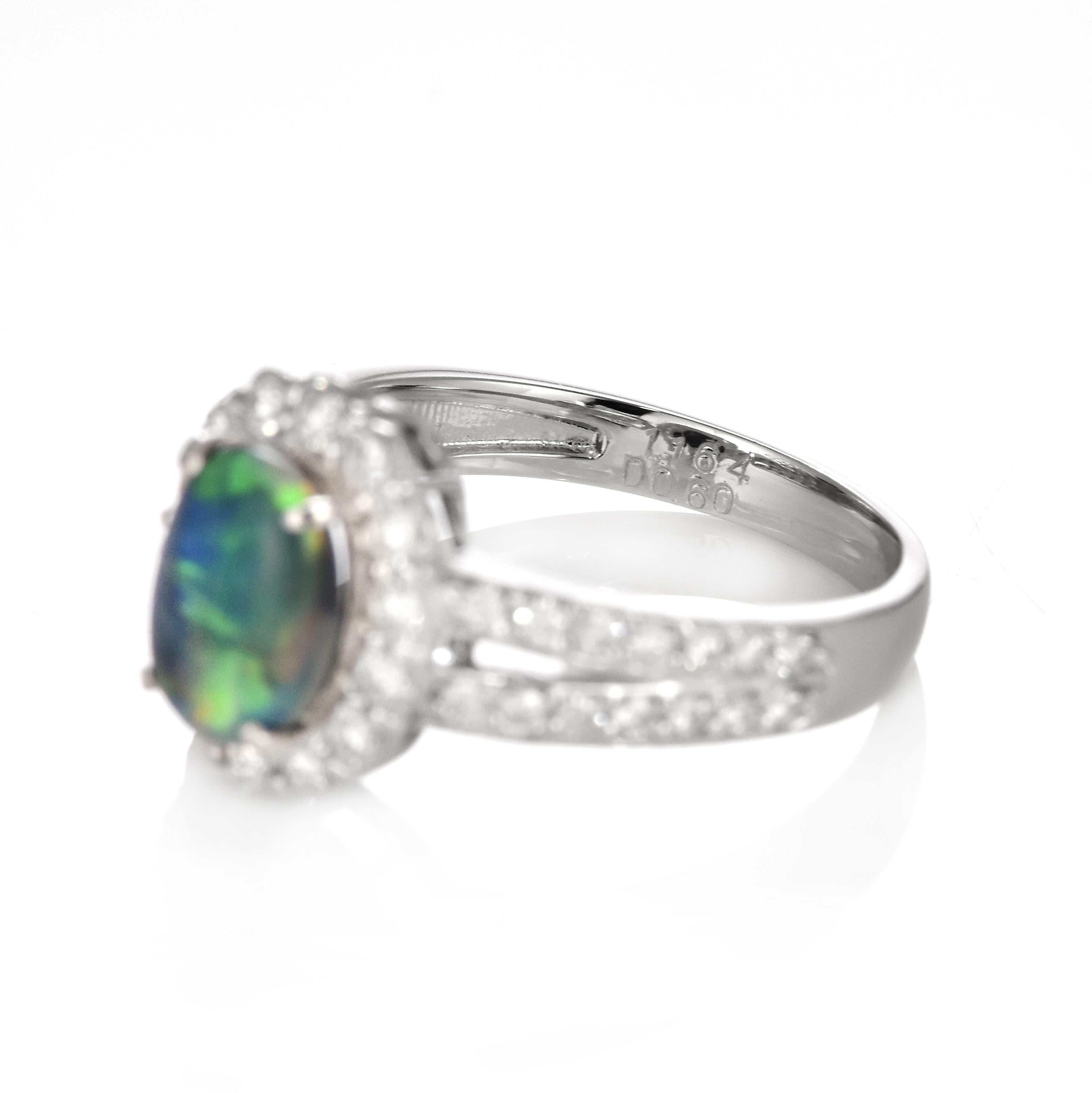 Women's 1.16 Carat Natural Australian Black Opal and Diamond Ring Made in Platinum For Sale