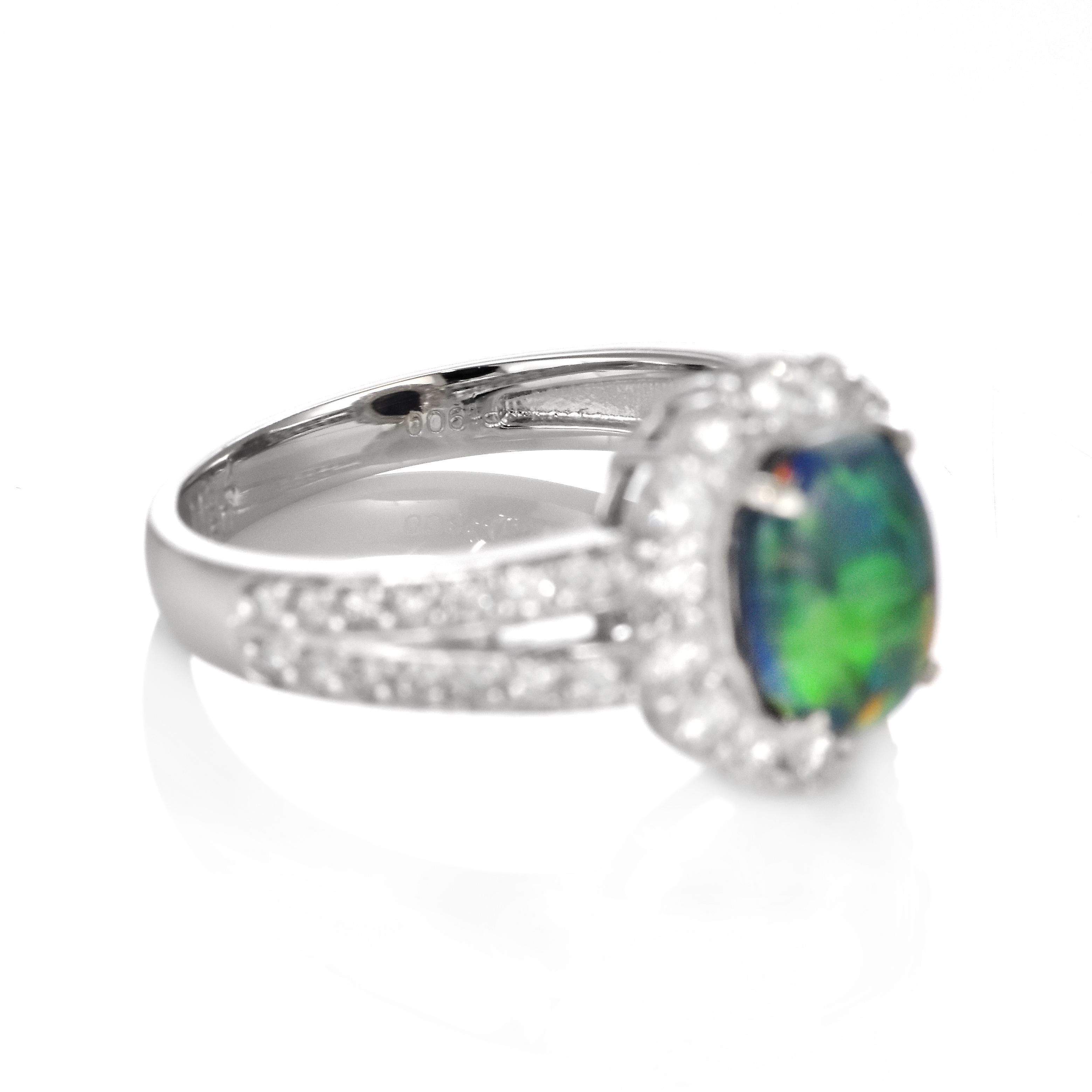 1.16 Carat Natural Australian Black Opal and Diamond Ring Made in Platinum For Sale 1