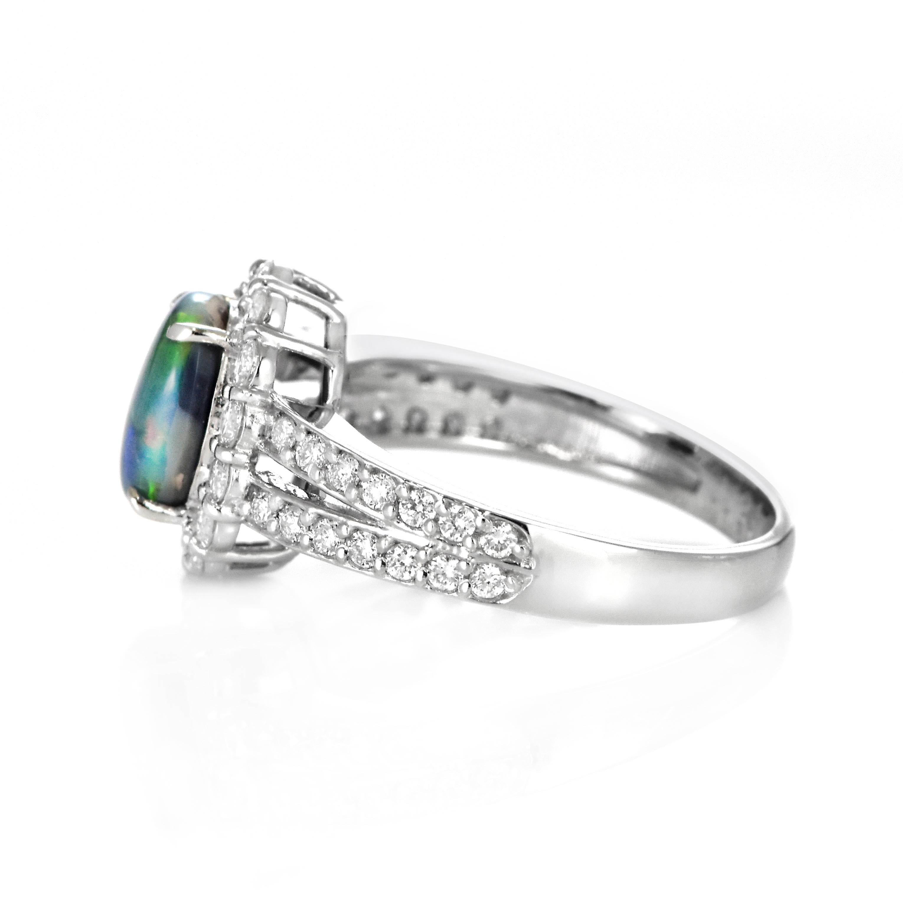 1.16 Carat Natural Australian Black Opal and Diamond Ring Made in Platinum For Sale 3