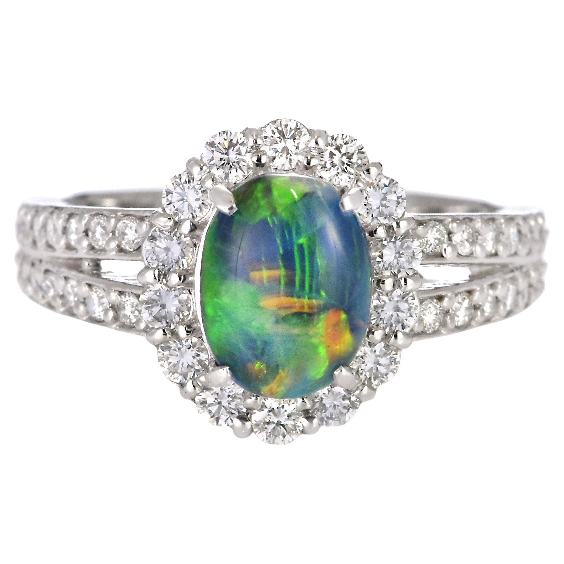 1.16 Carat Natural Australian Black Opal and Diamond Ring Made in Platinum
