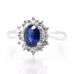 1.16 Carat Natural Blue Sapphire and Diamond Halo Ring Set in Platinum