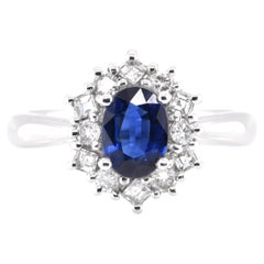 1.16 Carat Natural Blue Sapphire and Diamond Halo Ring Set in Platinum