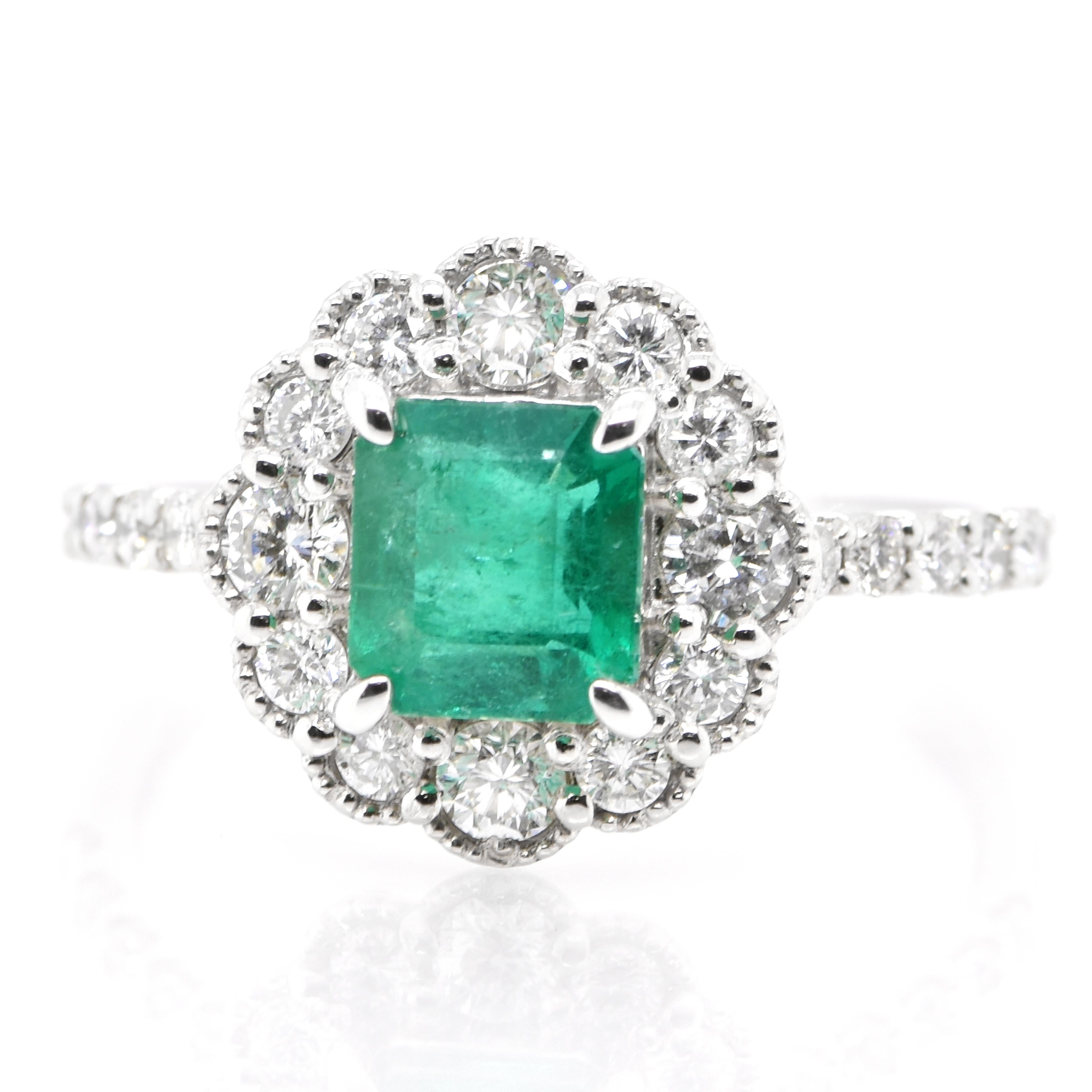A stunning ring featuring a 1.162 Carat Natural Emerald and 0.54 Carats of Diamond Accents set in Platinum. People have admired emerald’s green for thousands of years. Emeralds have always been associated with the lushest landscapes and the richest