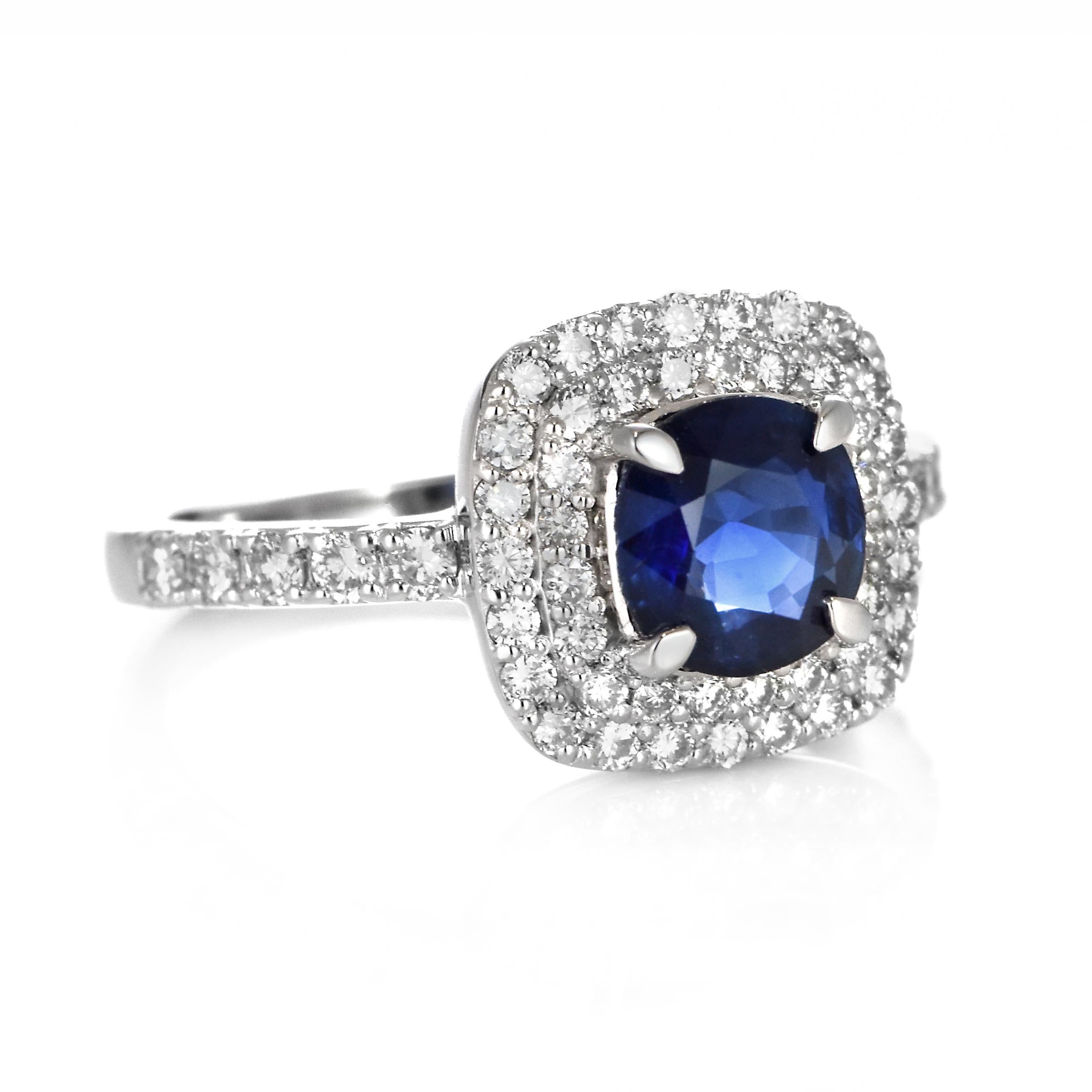Cushion Cut 1.16 Carat Natural Royal Blue, No Heat Sapphire & Diamond Ring Made in Platinum For Sale