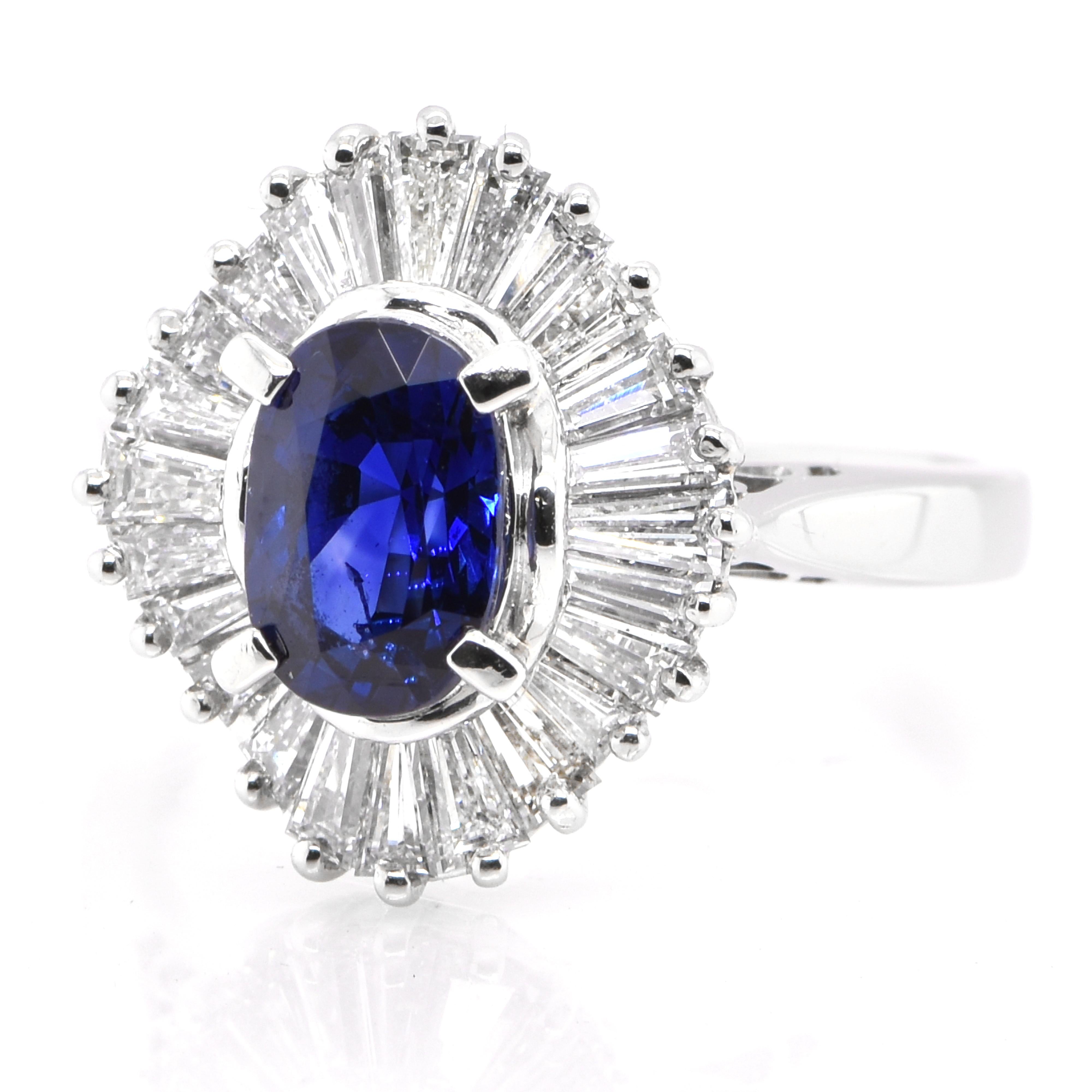 A beautiful ring featuring 1.16 Carat Natural Blue Sapphire and 0.83 Carats Diamond Accents set in Platinum. Sapphires have extraordinary durability - they excel in hardness as well as toughness and durability making them very popular in jewelry.