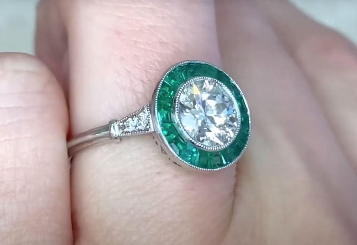 1.16 Carat Old Euro-Cut Diamond Engagement Ring, Emerald Halo, Platinum In Excellent Condition In New York, NY