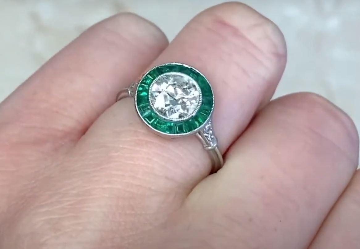 Women's 1.16 Carat Old Euro-Cut Diamond Engagement Ring, Emerald Halo, Platinum