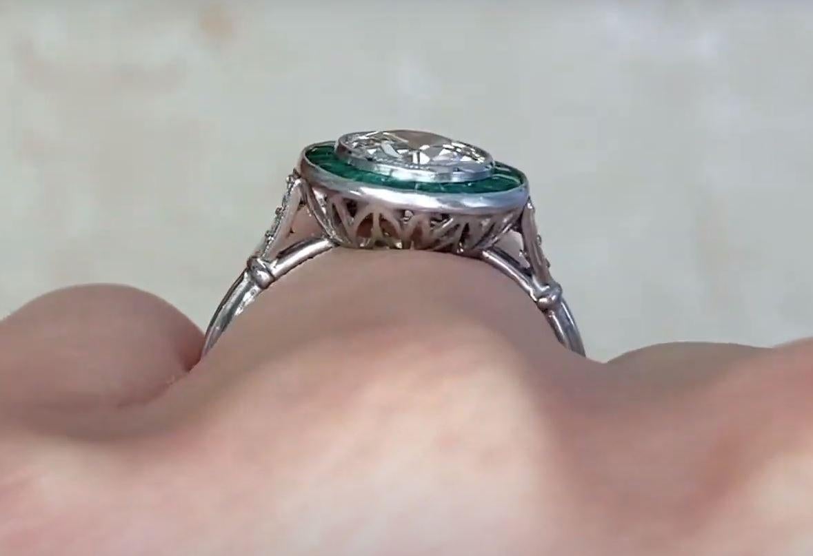 1.16 Carat Old Euro-Cut Diamond Engagement Ring, Emerald Halo, Platinum 1