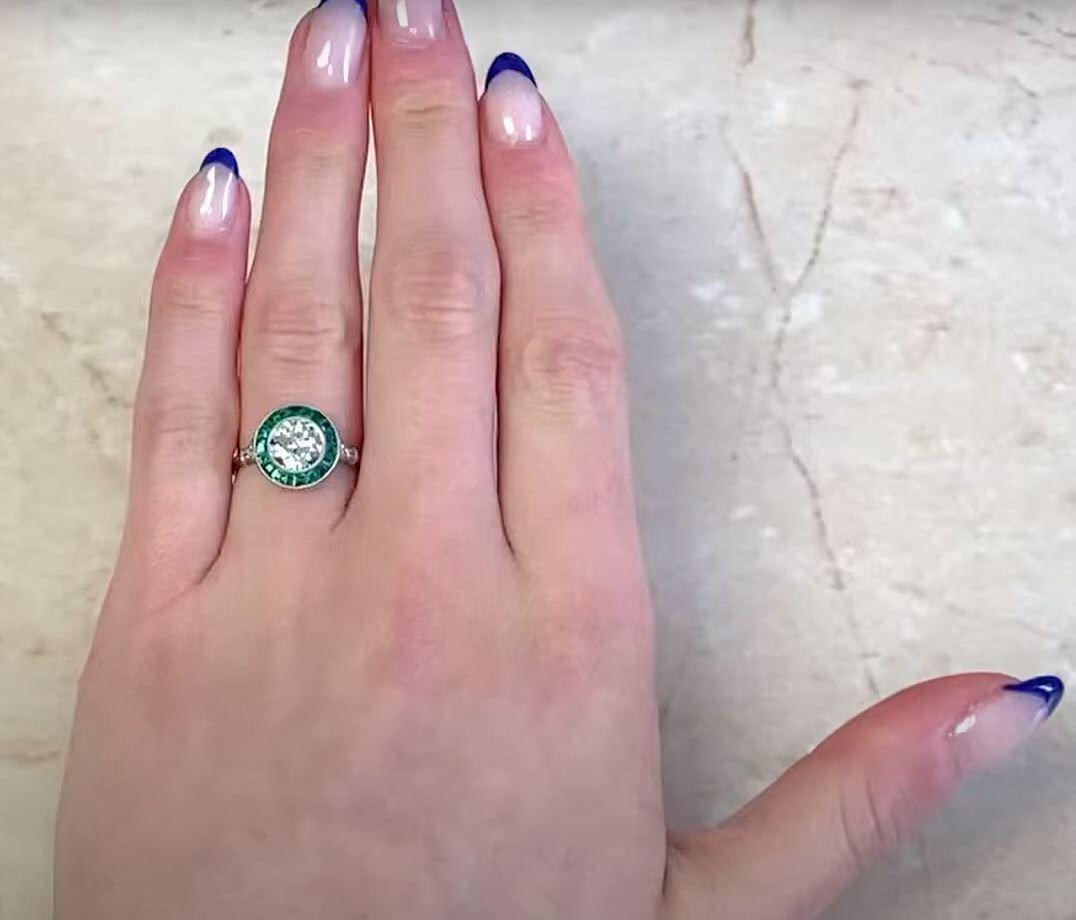 1.16 Carat Old Euro-Cut Diamond Engagement Ring, Emerald Halo, Platinum 3
