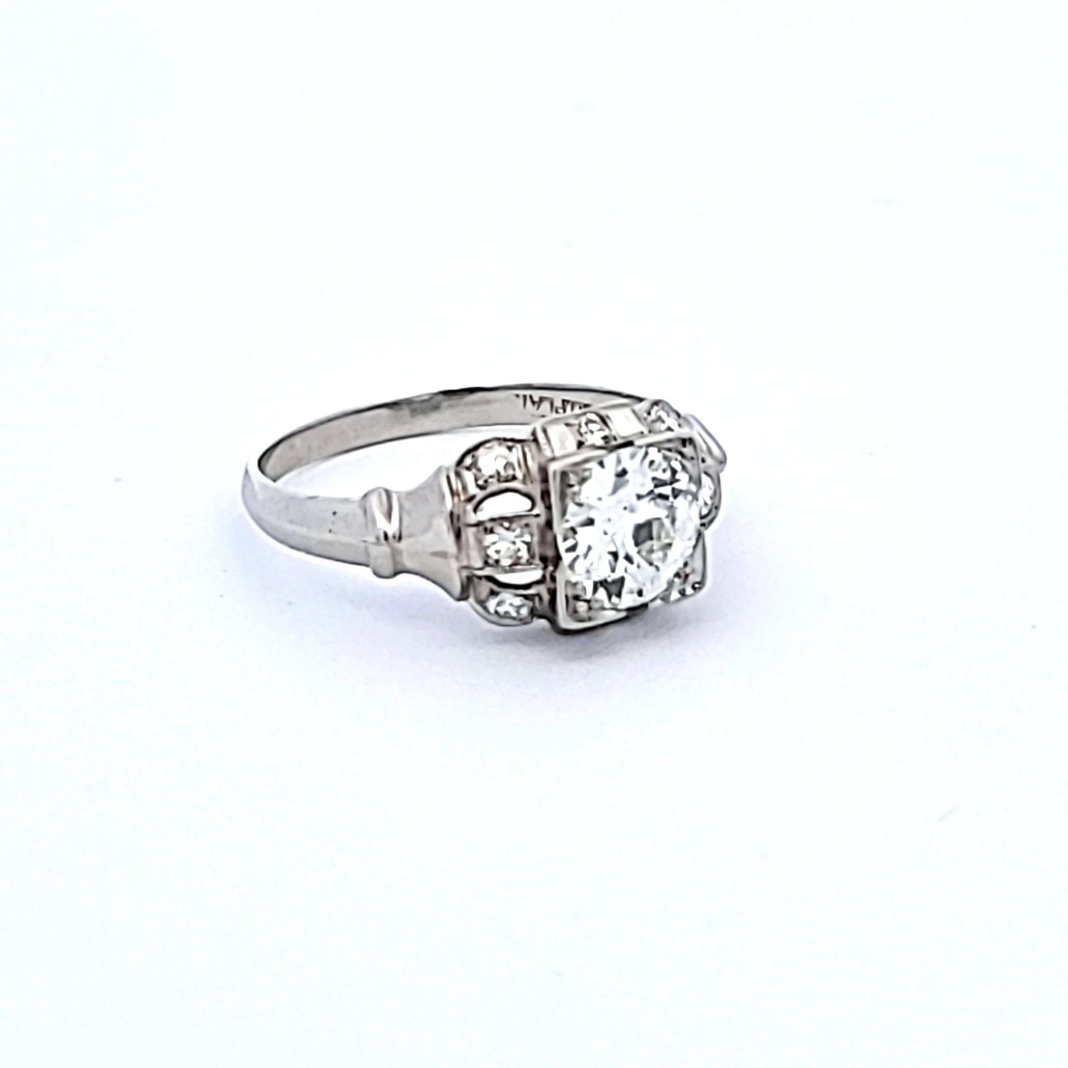 1.16 Carat Old European and Circular Brilliant Diamond Platinum Art Deco Ring For Sale 1