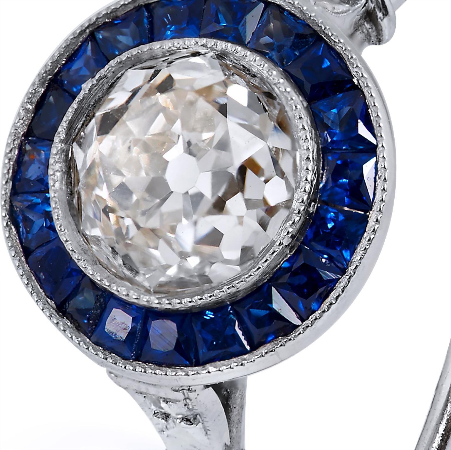 Art Deco Style 1.16 Carat Old European Cut Diamond Sapphire Platinum Ring 6.5 In New Condition For Sale In Miami, FL