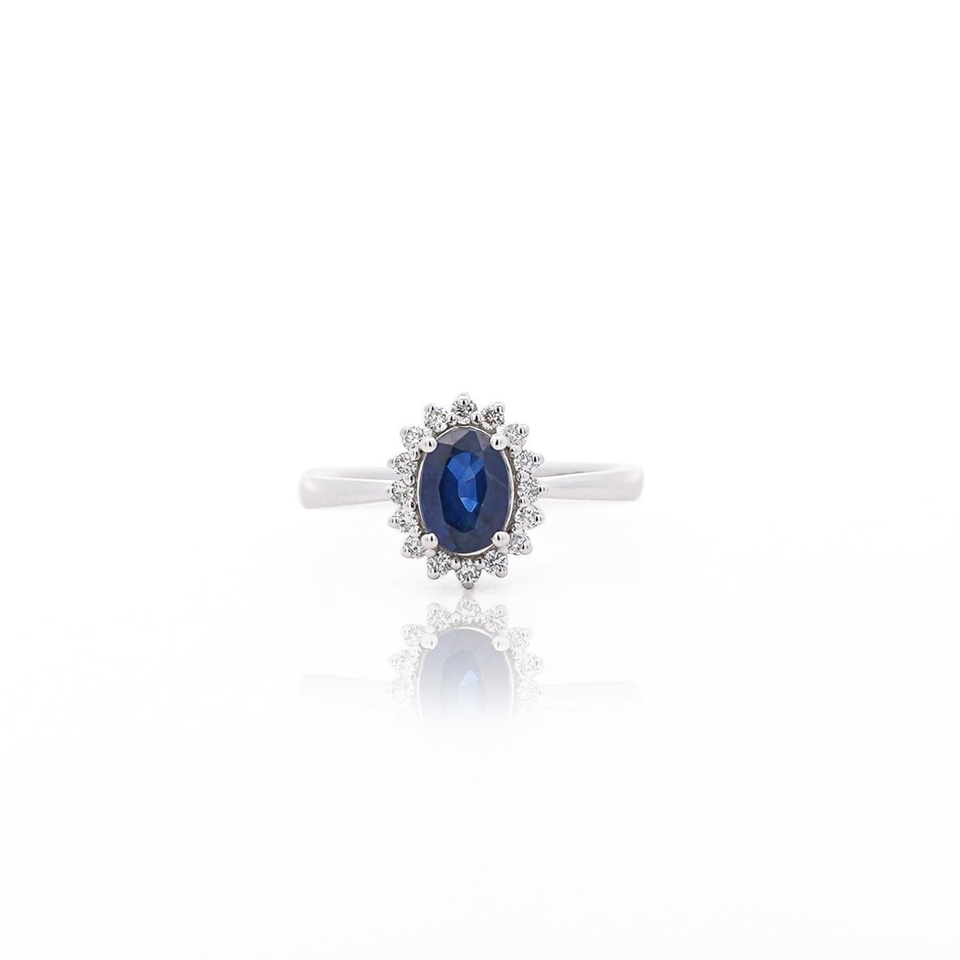1,16 Karat Ovaler blauer Saphir & Diamant Halo 18K Weißgold Ring mit Halo Damen im Angebot